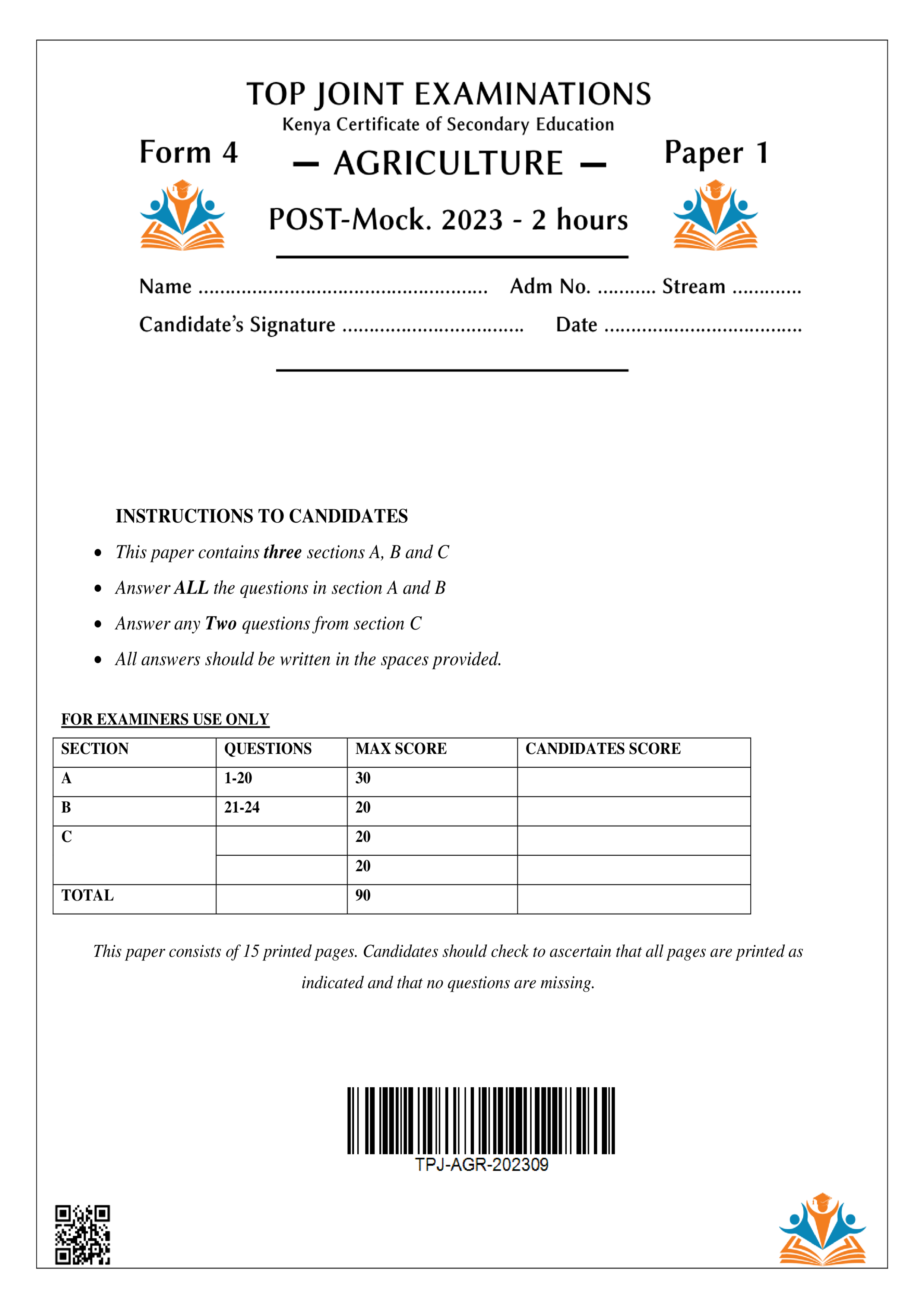 AGRICULTURE FORM 4 PAPER 1 POST MOCK 2023