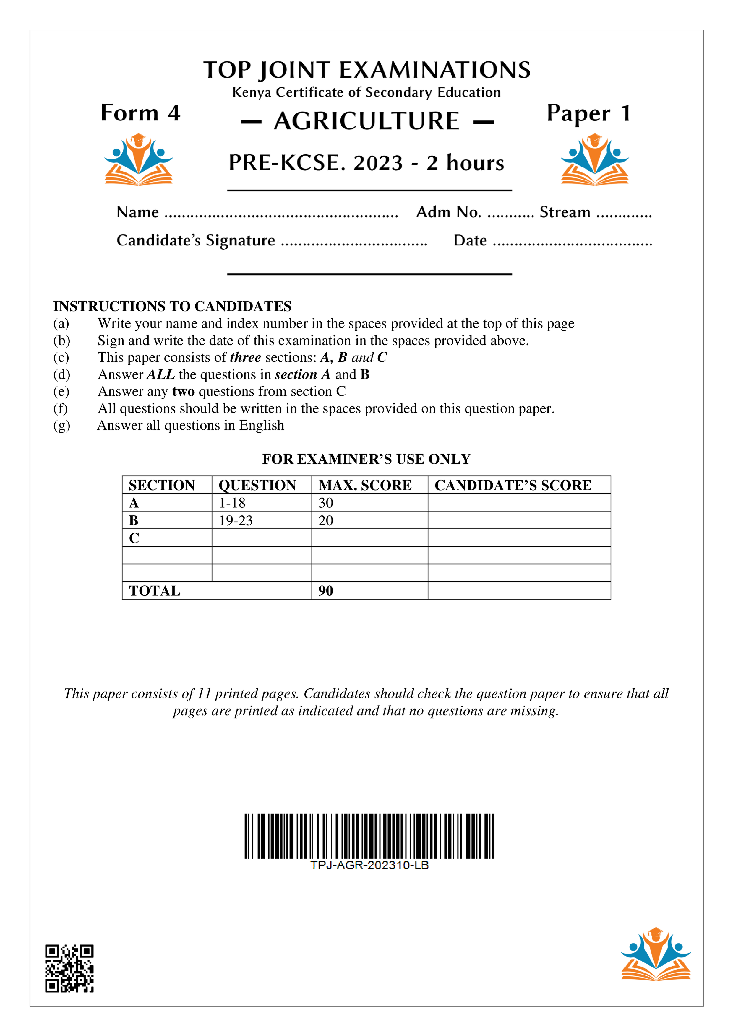 AGRICULTURE FORM 4 PAPER 1 PRE-KCSE 2023