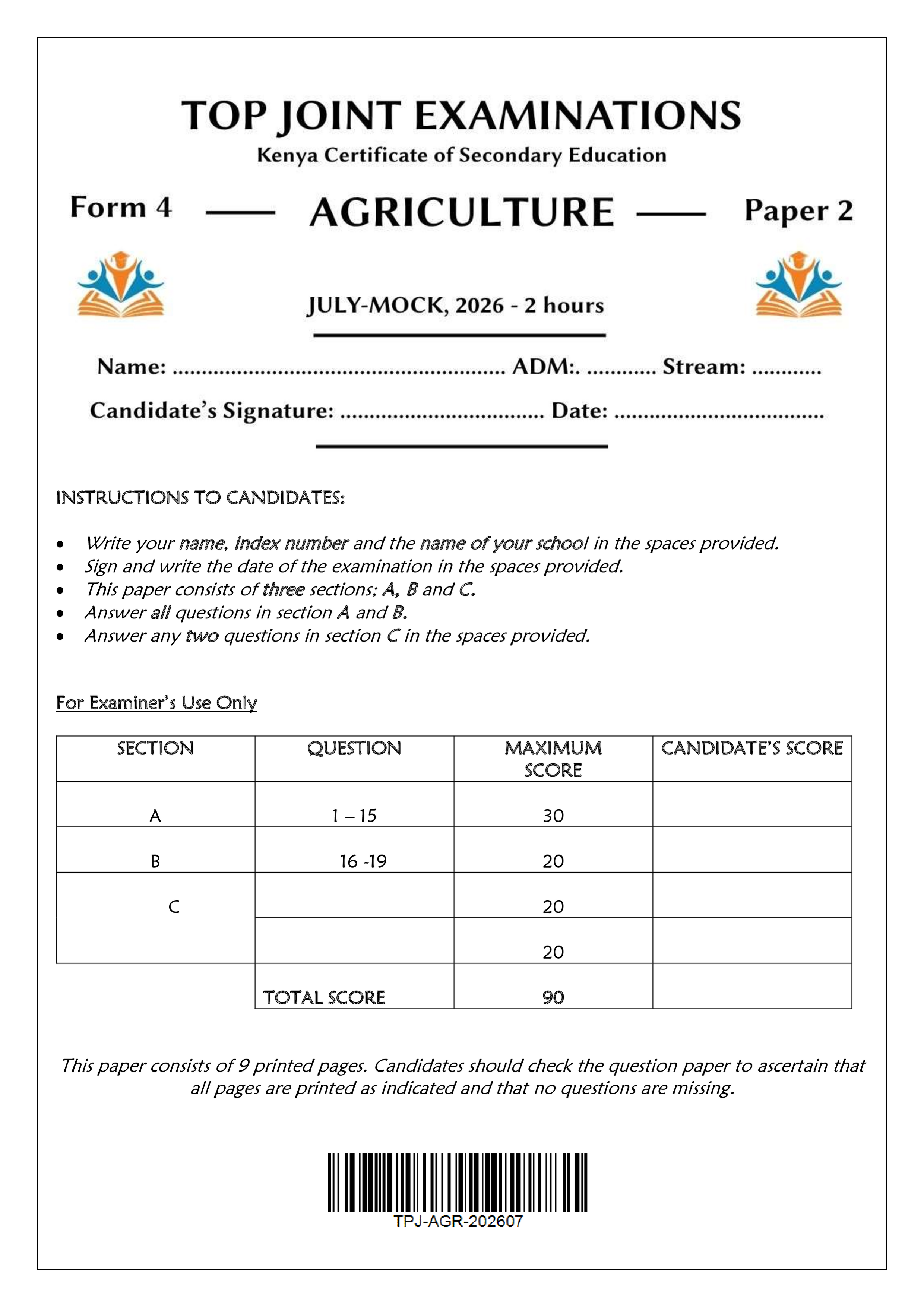AGRICULTURE FORM 4 PAPER 2 END TERM 2 2026
