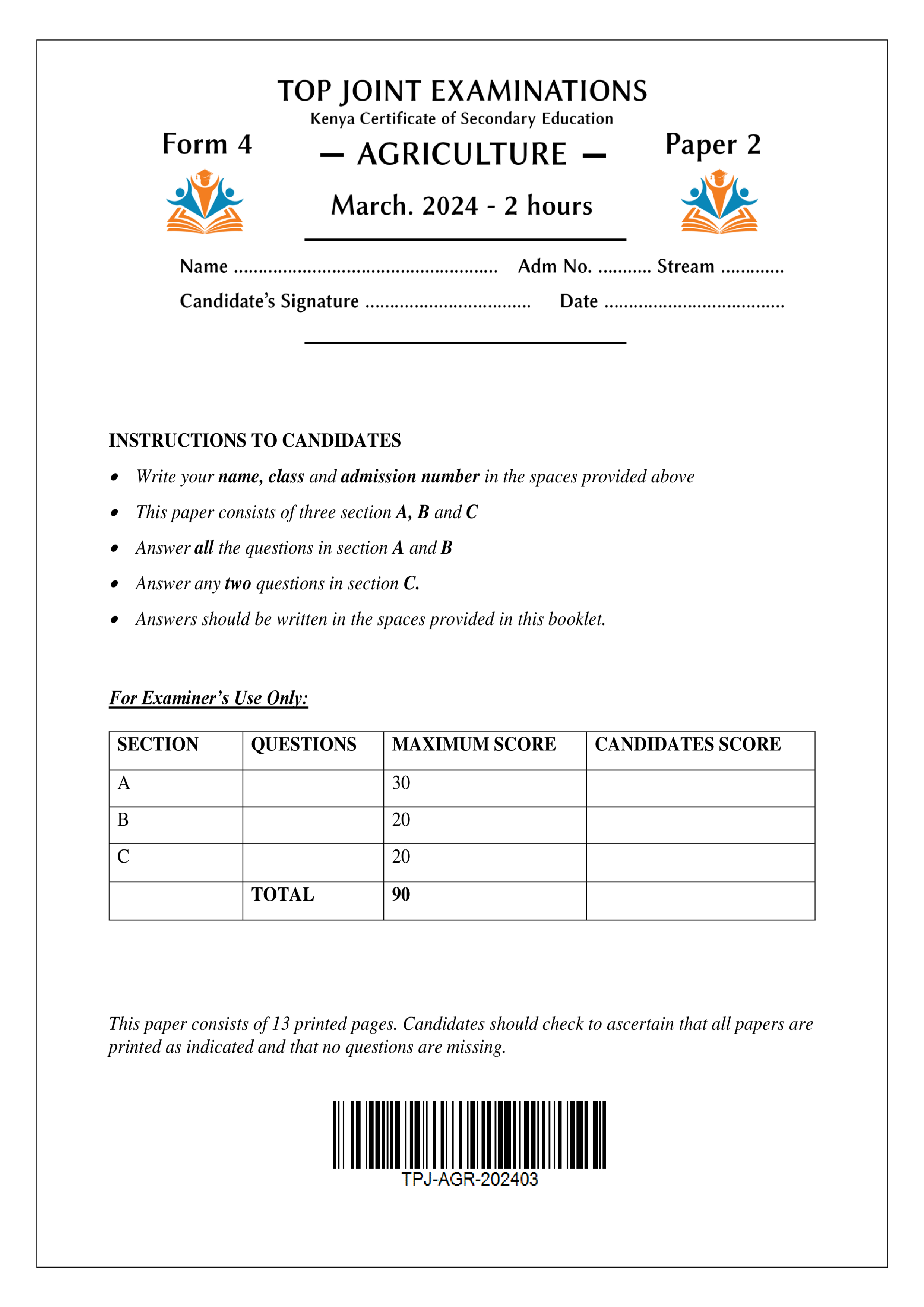 AGRICULTURE FORM 4 PAPER 2 END TERM 1 2024
