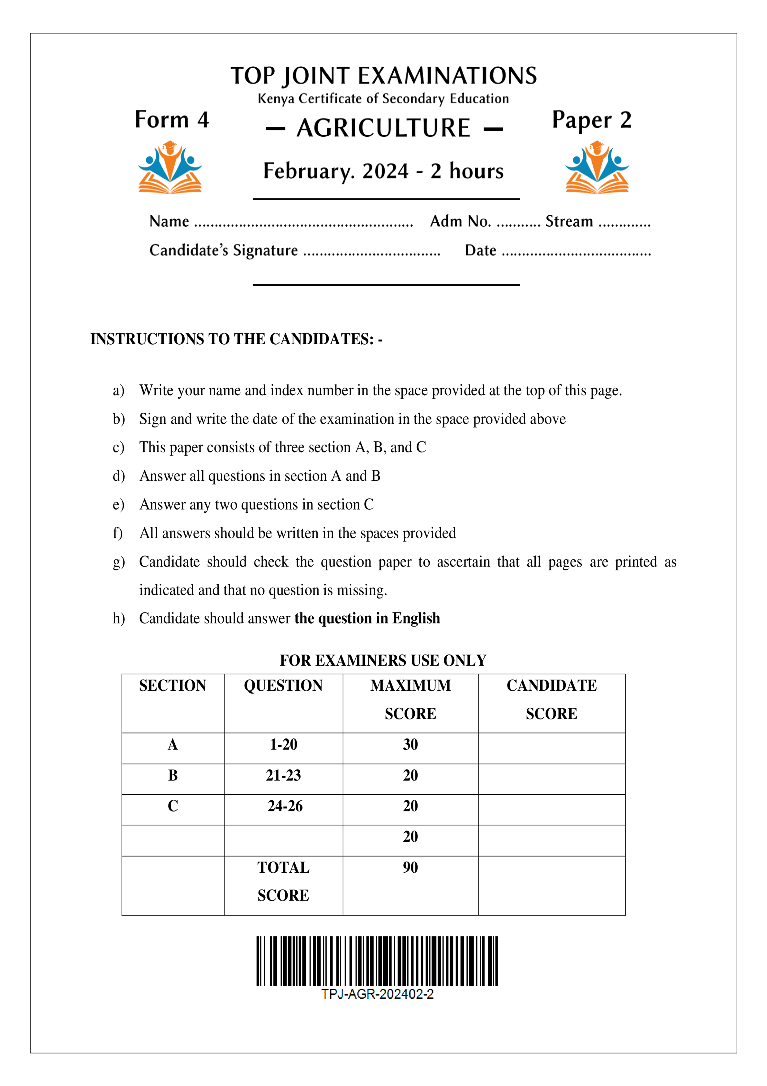 AGRICULTURE FORM 4 PAPER 2 MID TERM 1 2024