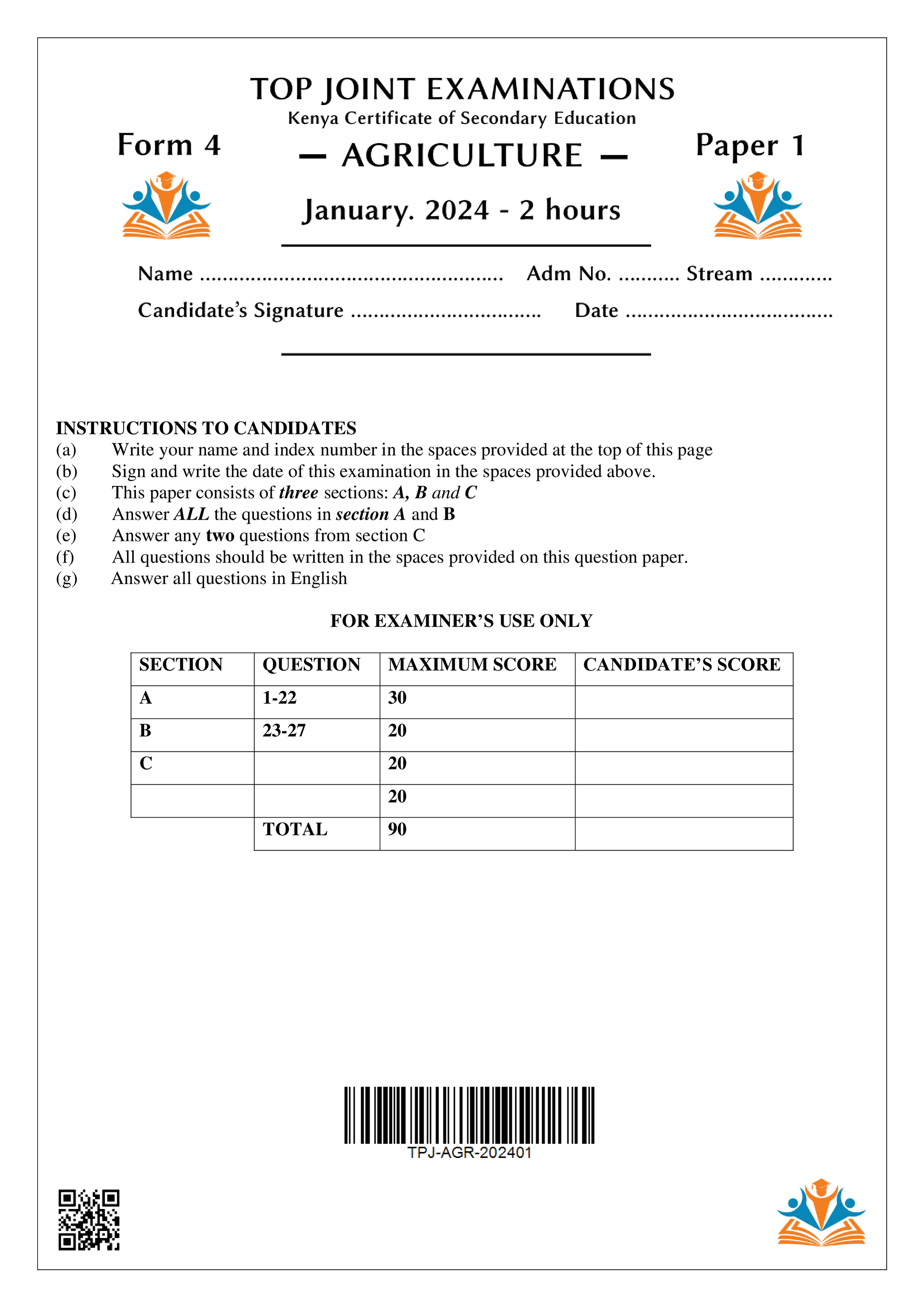 AGRICULTURE FORM 4 PAPER 2 OPENER TERM 1 2024