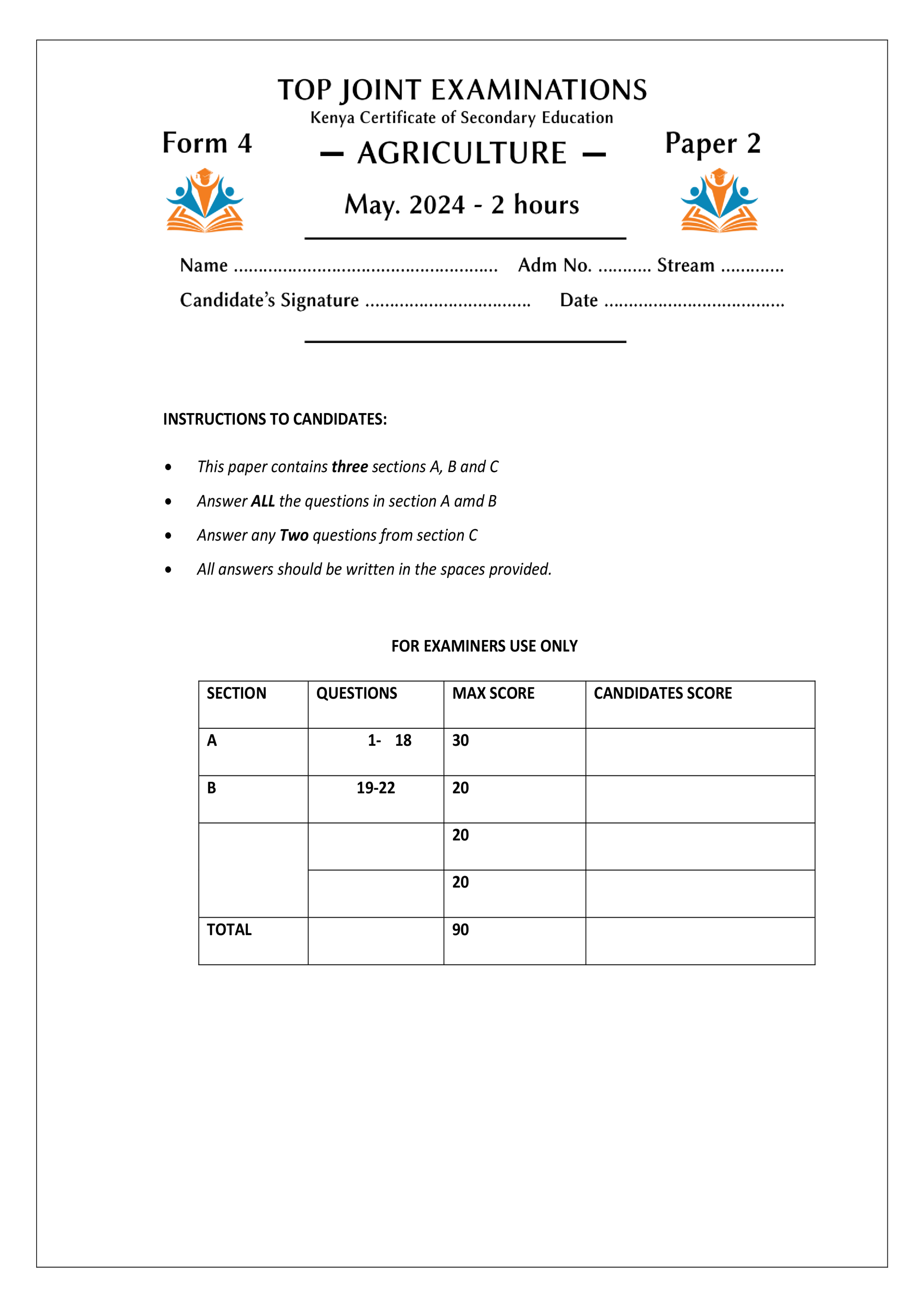 AGRICULTURE FORM 4 PAPER 2 OPENER TERM 2 2024