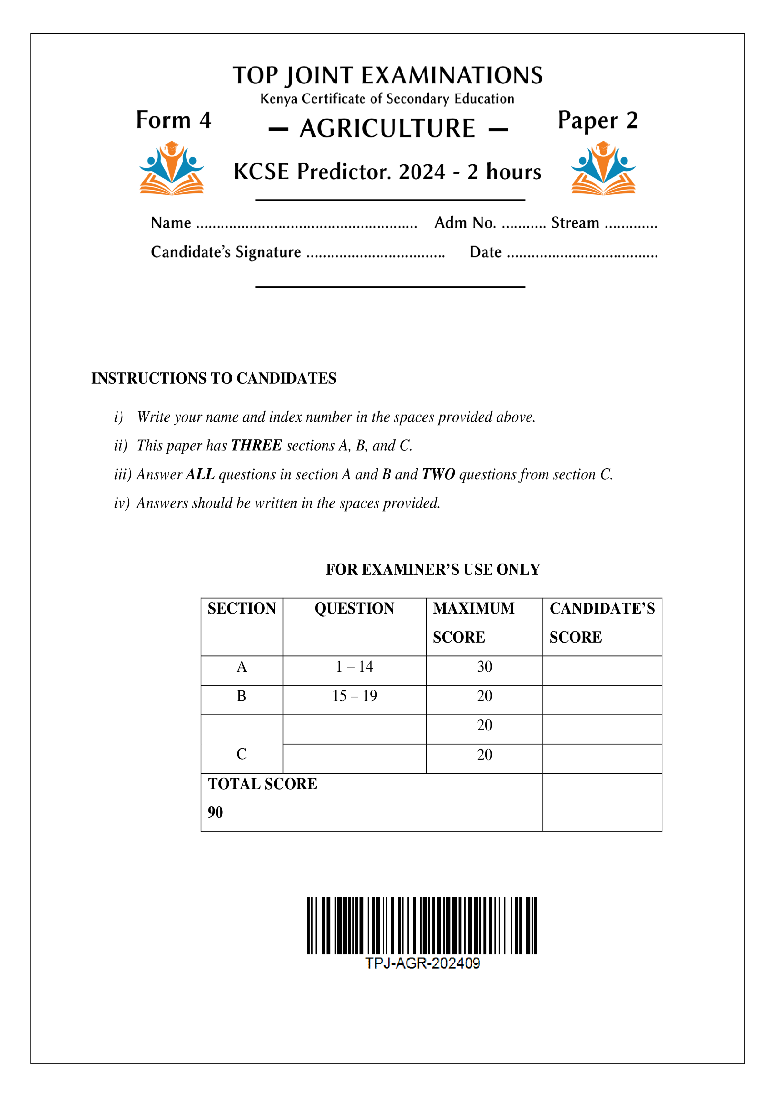 AGRICULTURE FORM 4 PAPER 2 SERIES 1 TERM 3 2024