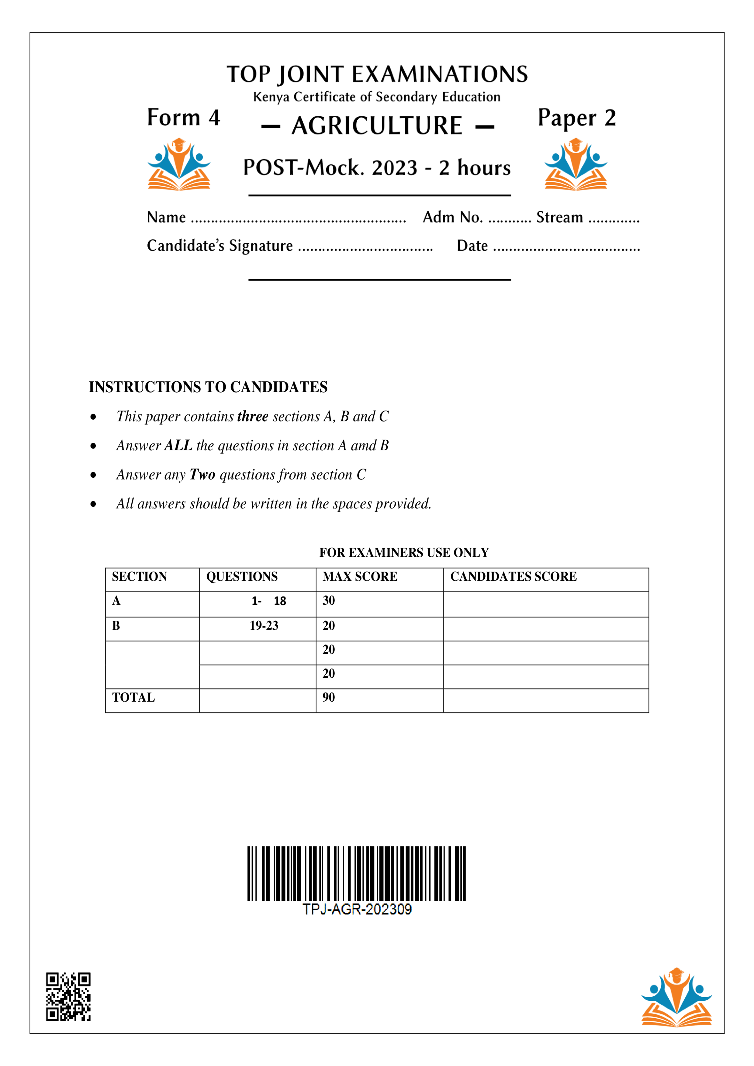 AGRICULTURE FORM 4 PAPER 2 POST MOCK 2023