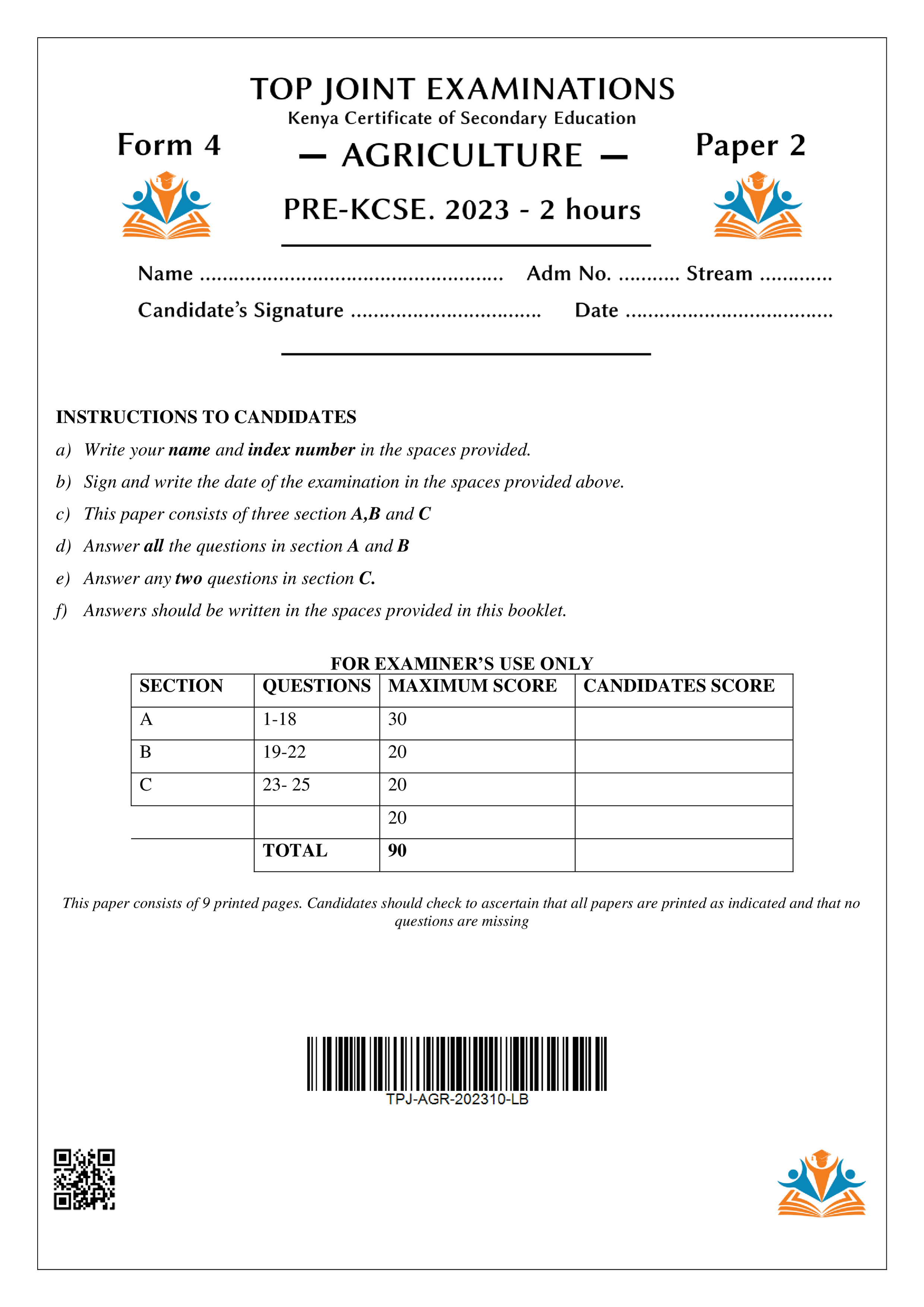 AGRICULTURE FORM 4 PAPER 2 PRE-KCSE 2023
