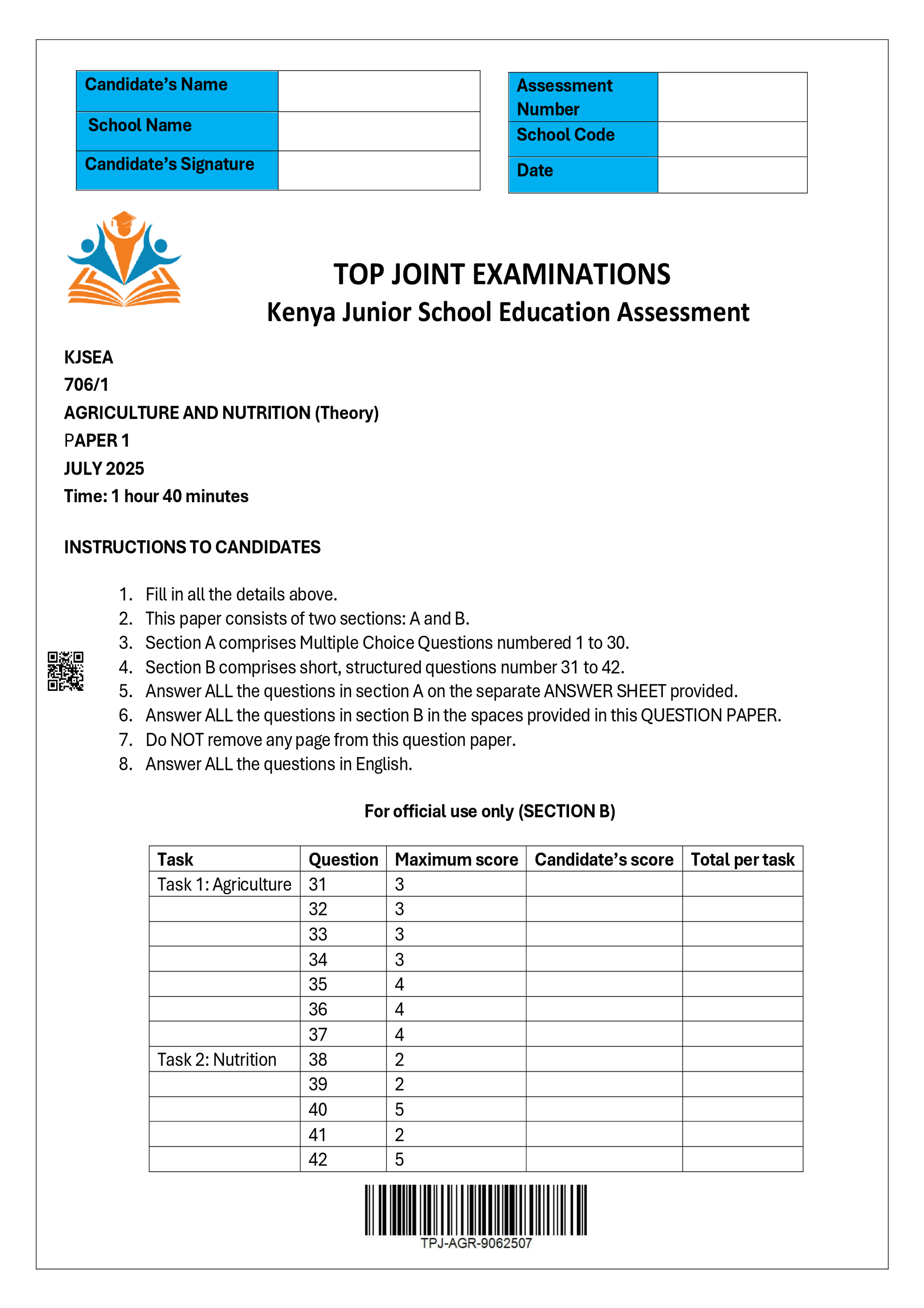 AGRICULTURE GRADE 7 PAPER 1 END TERM 2 2025