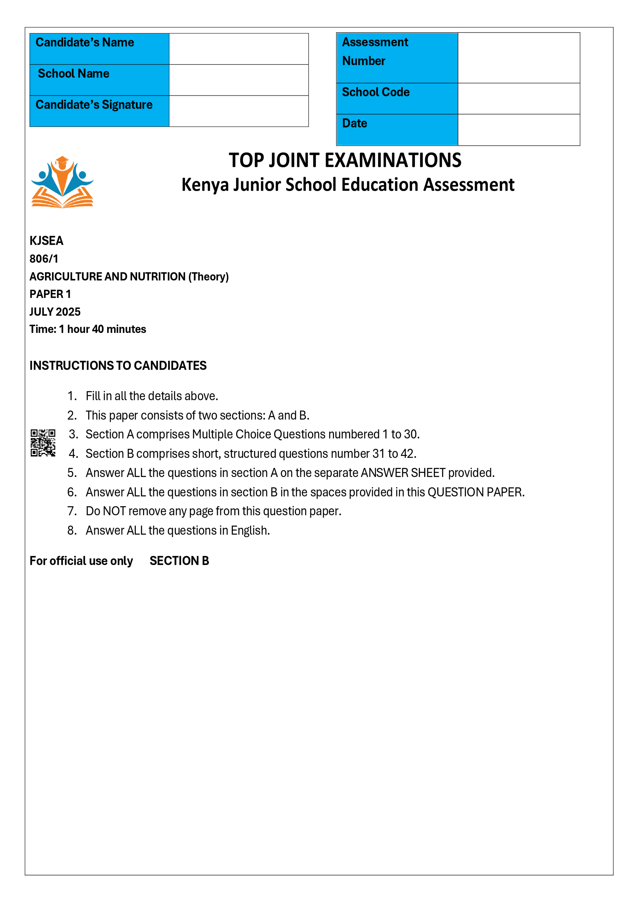 AGRICULTURE GRADE 8 PAPER 1 END TERM 2 2025