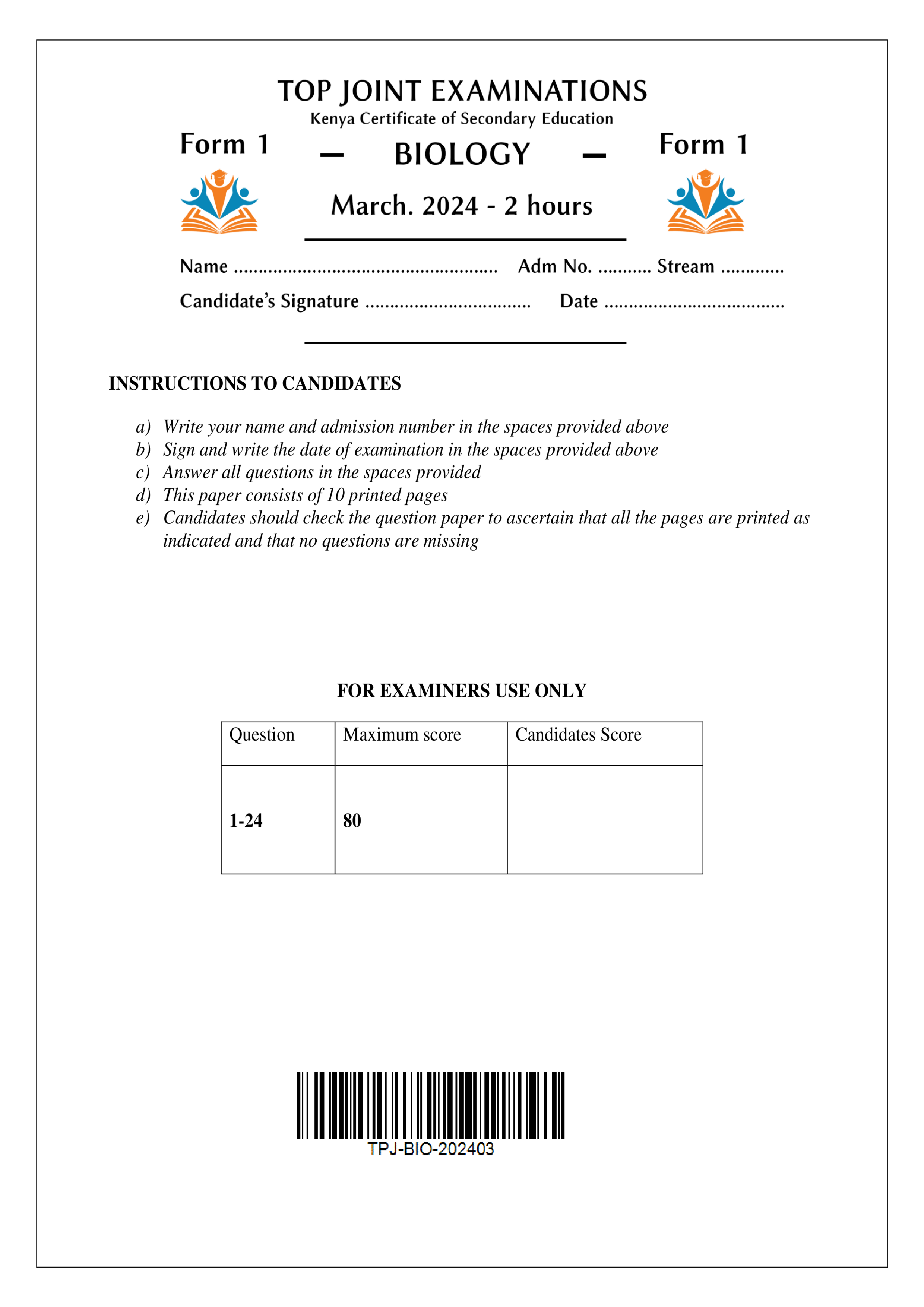BIOLOGY FORM 1 END TERM 1 2024