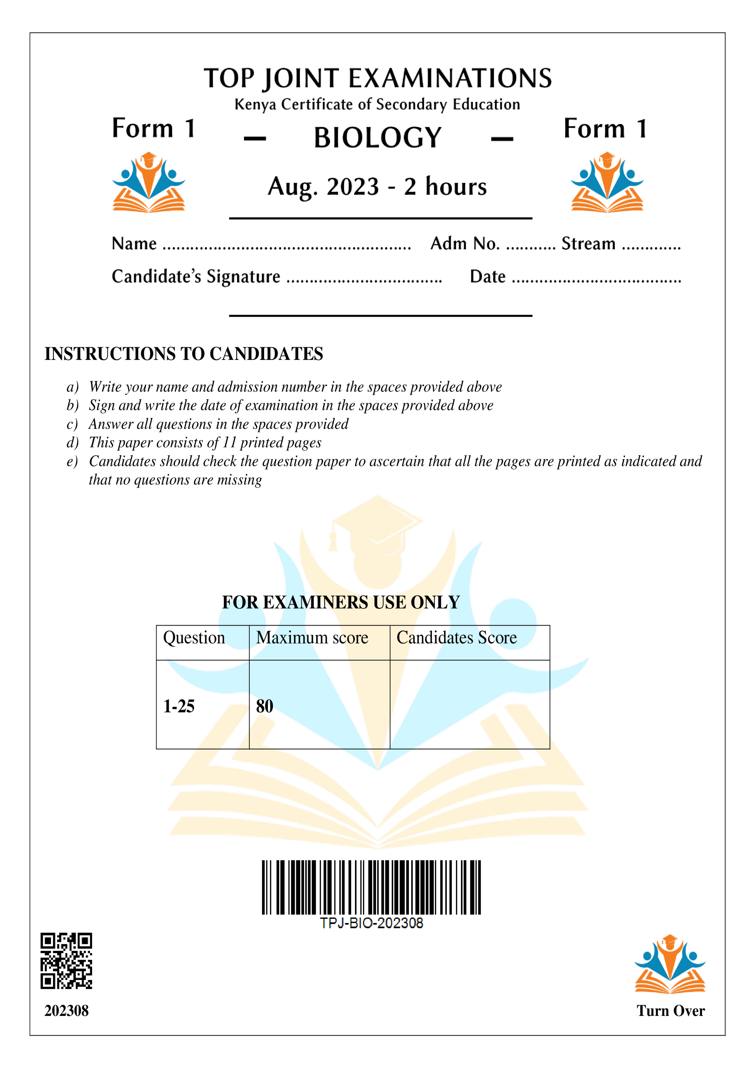 BIOLOGY FORM 1 END TERM 2 2023