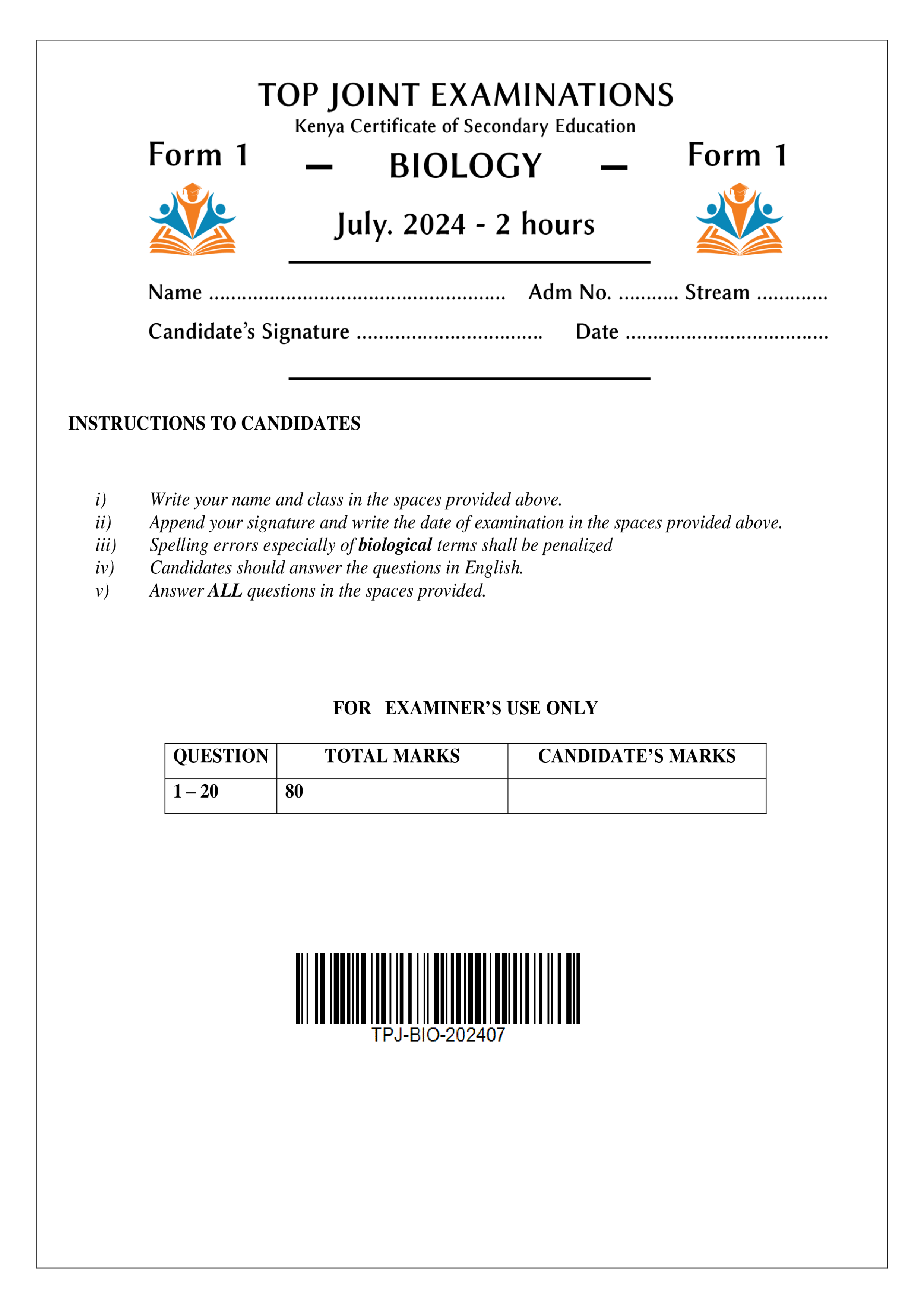 BIOLOGY FORM 1 END TERM 2 2024