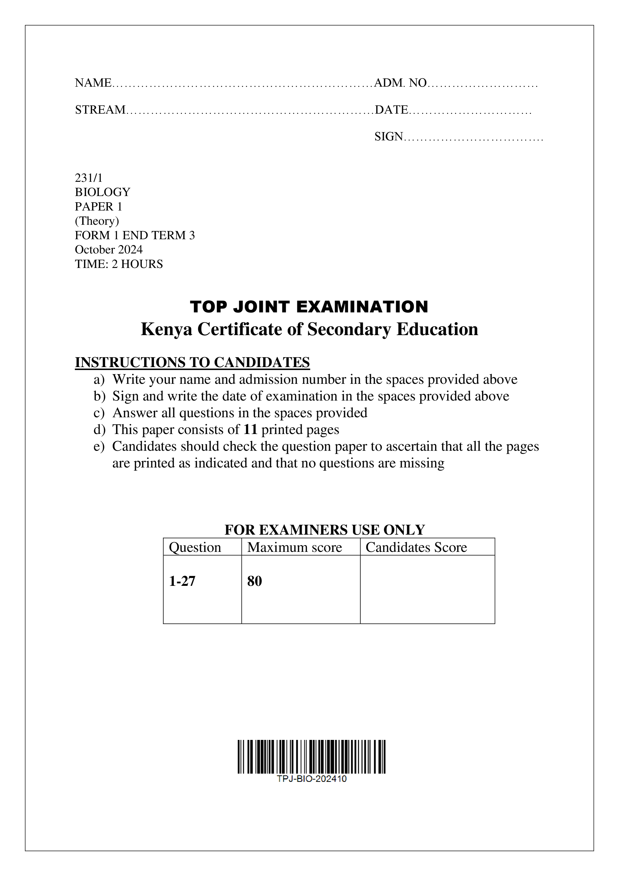 BIOLOGY FORM 1 END TERM 3 2024