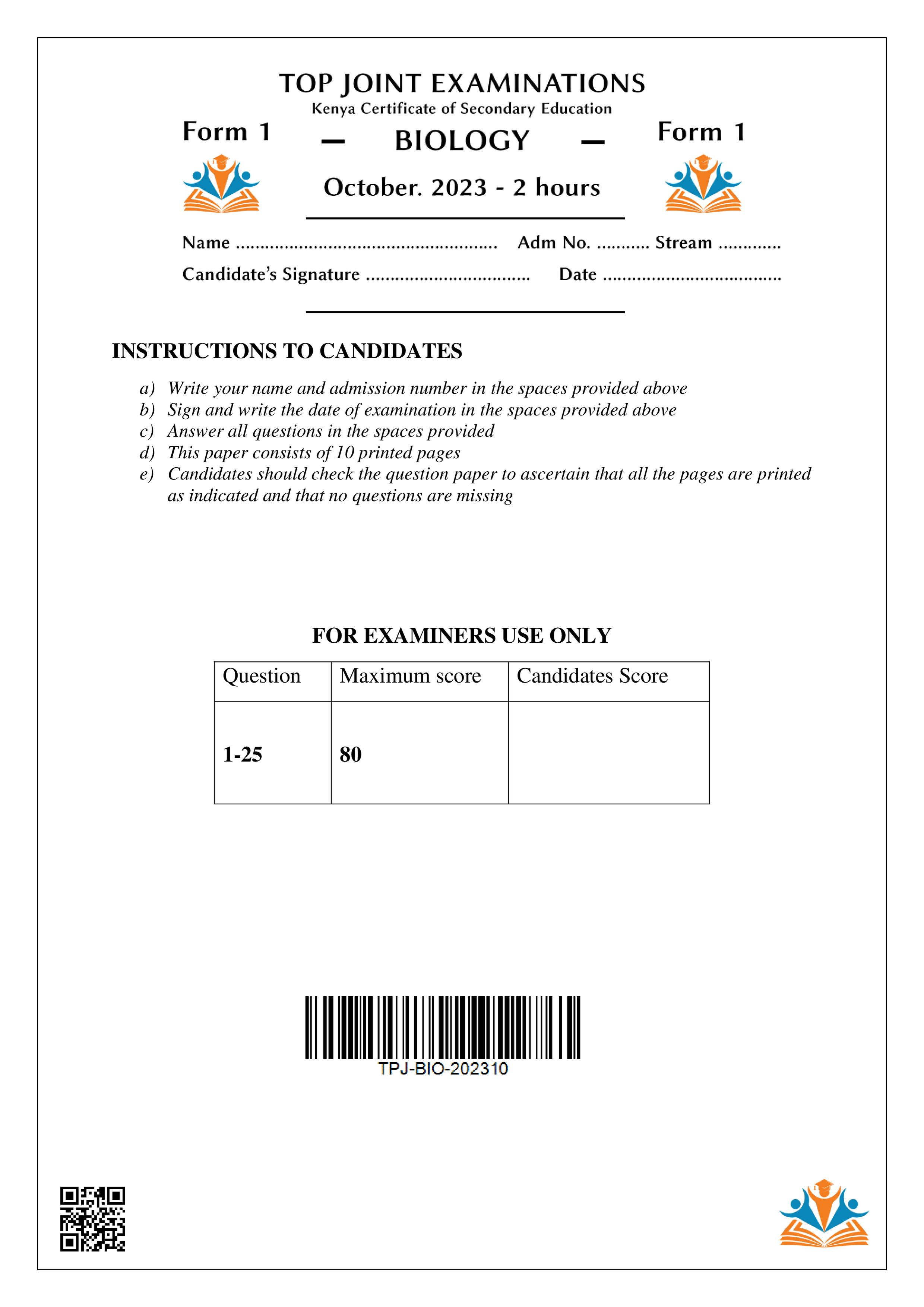 BIOLOGY FORM 1 END TERM 3 2023