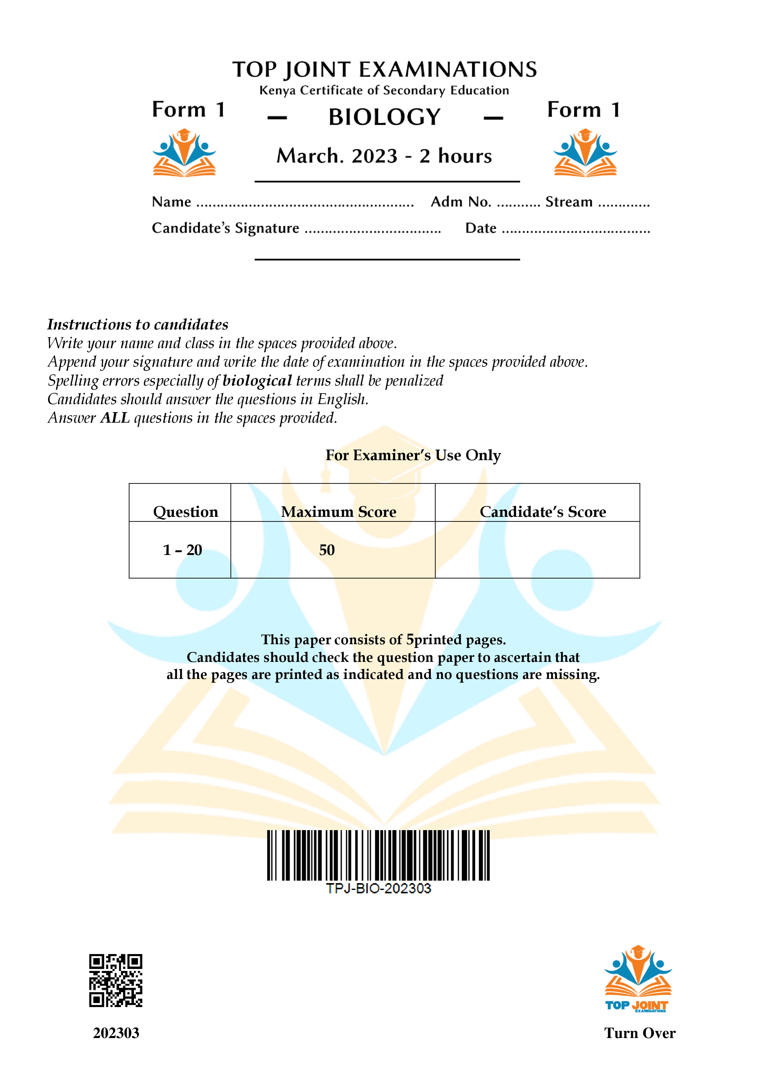 BIOLOGY FORM 1 MID TERM 1 2023