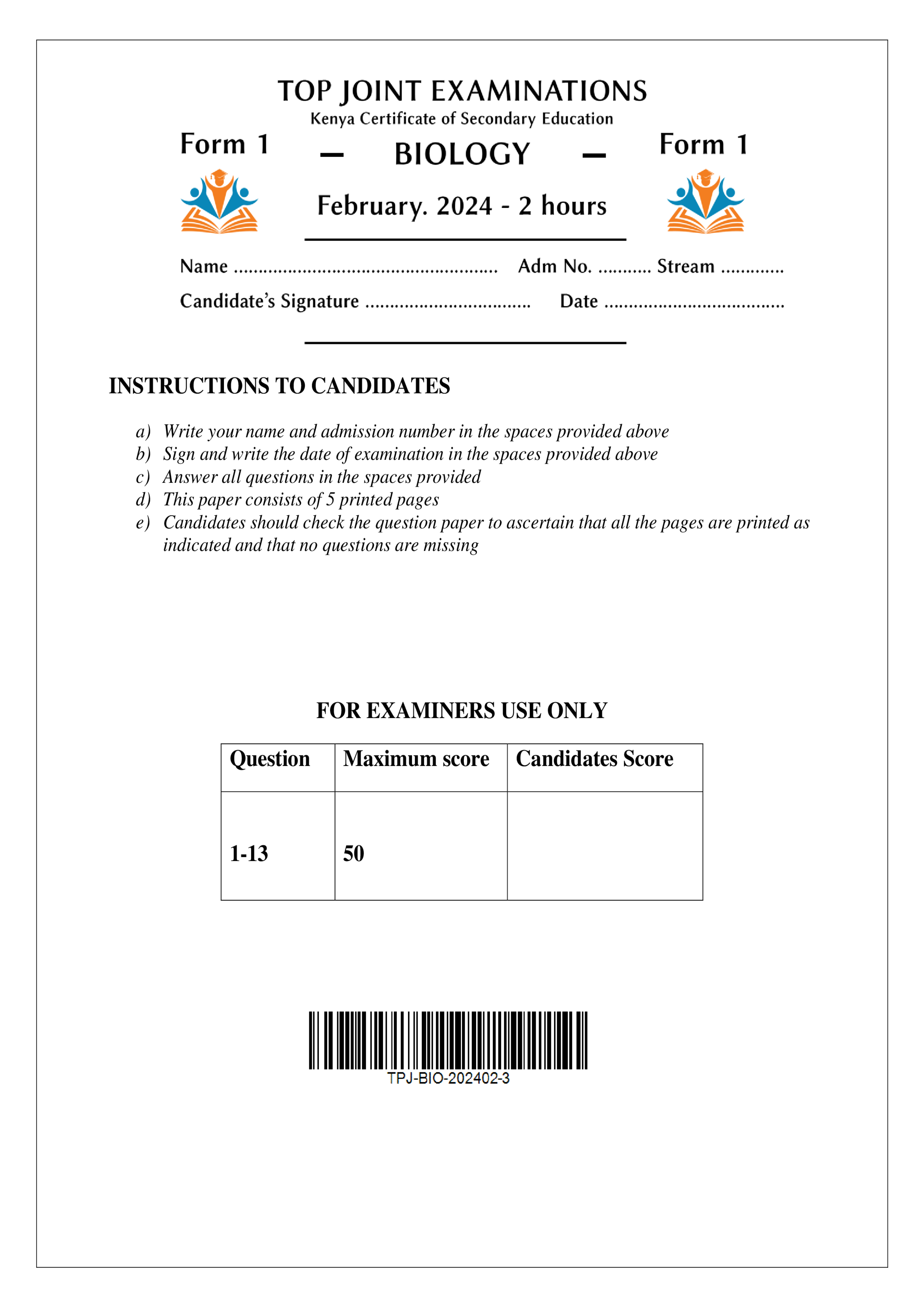 BIOLOGY FORM 1 MID TERM 1 2024