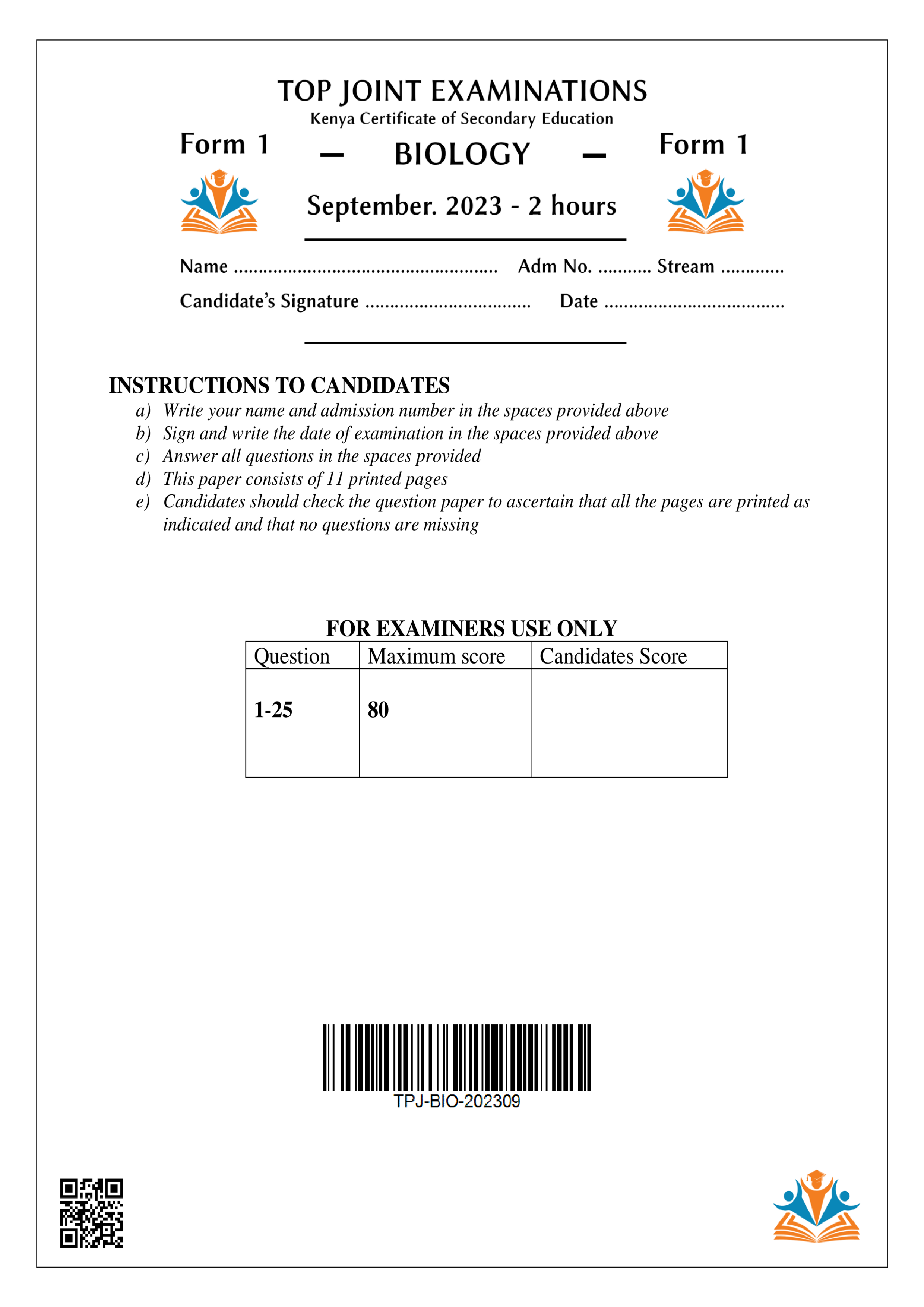 BIOLOGY FORM 1 OPENER TERM 3 2023