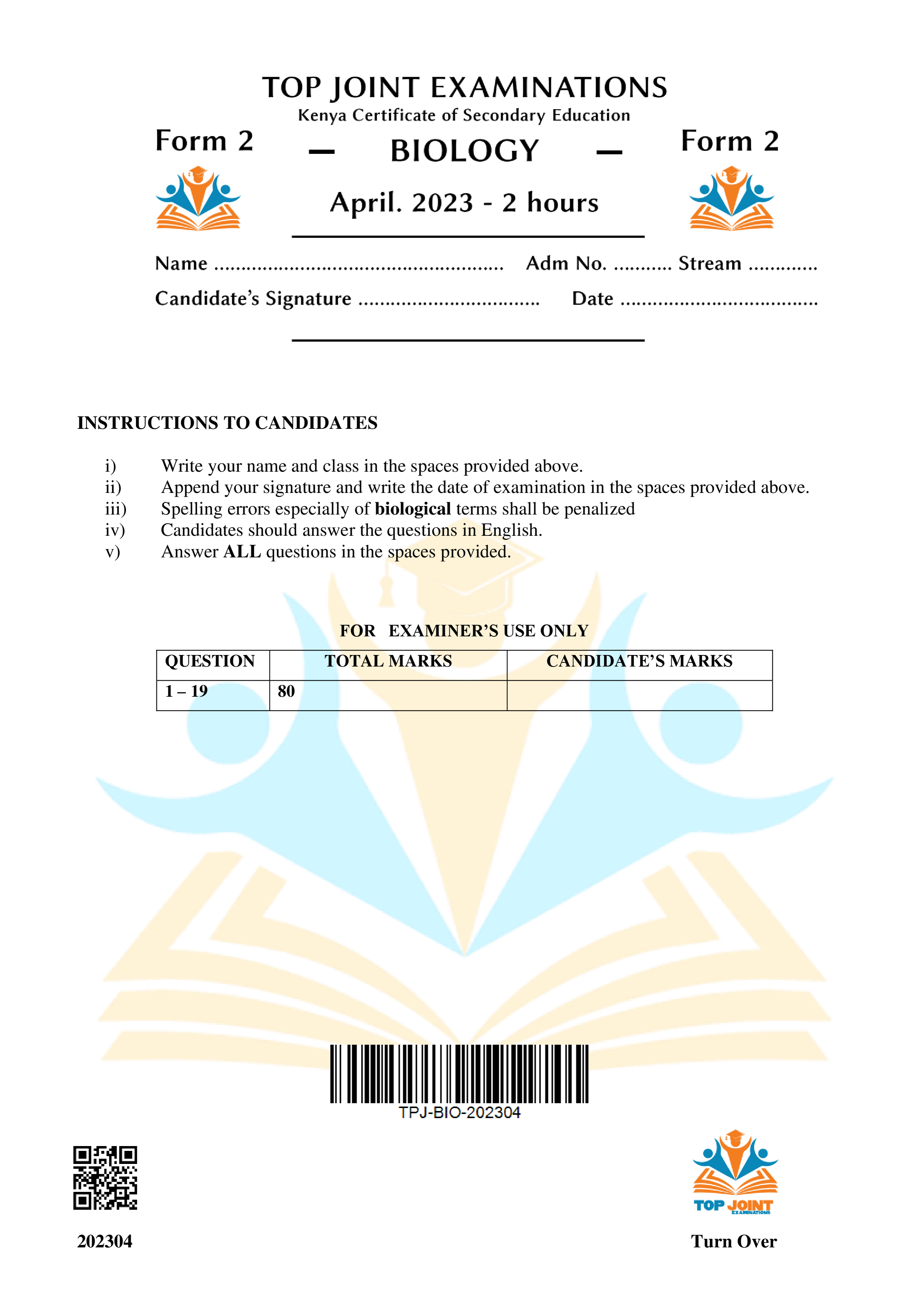 BIOLOGY FORM 2 END TERM 1 2023