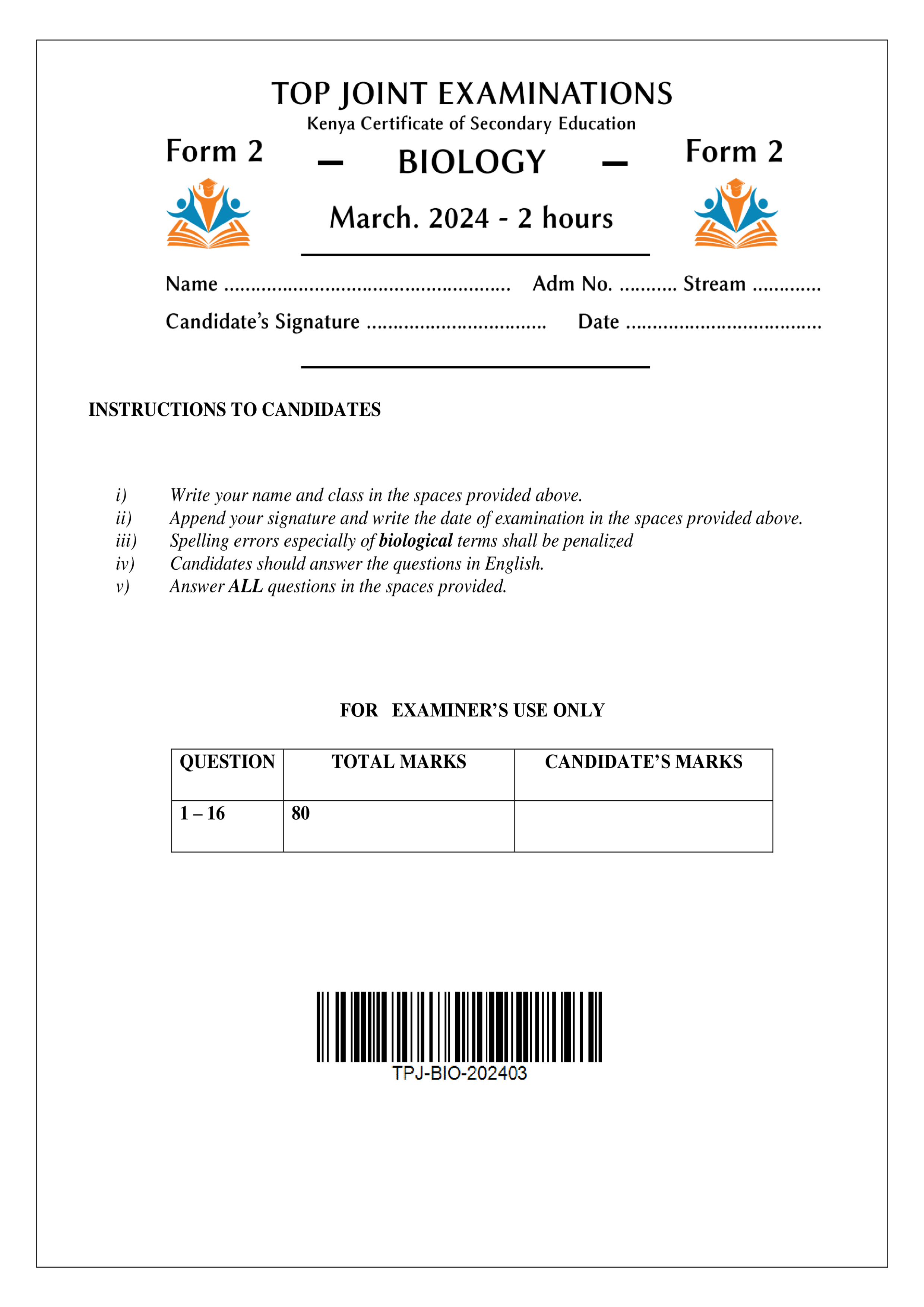 BIOLOGY FORM 2 END TERM 1 2024