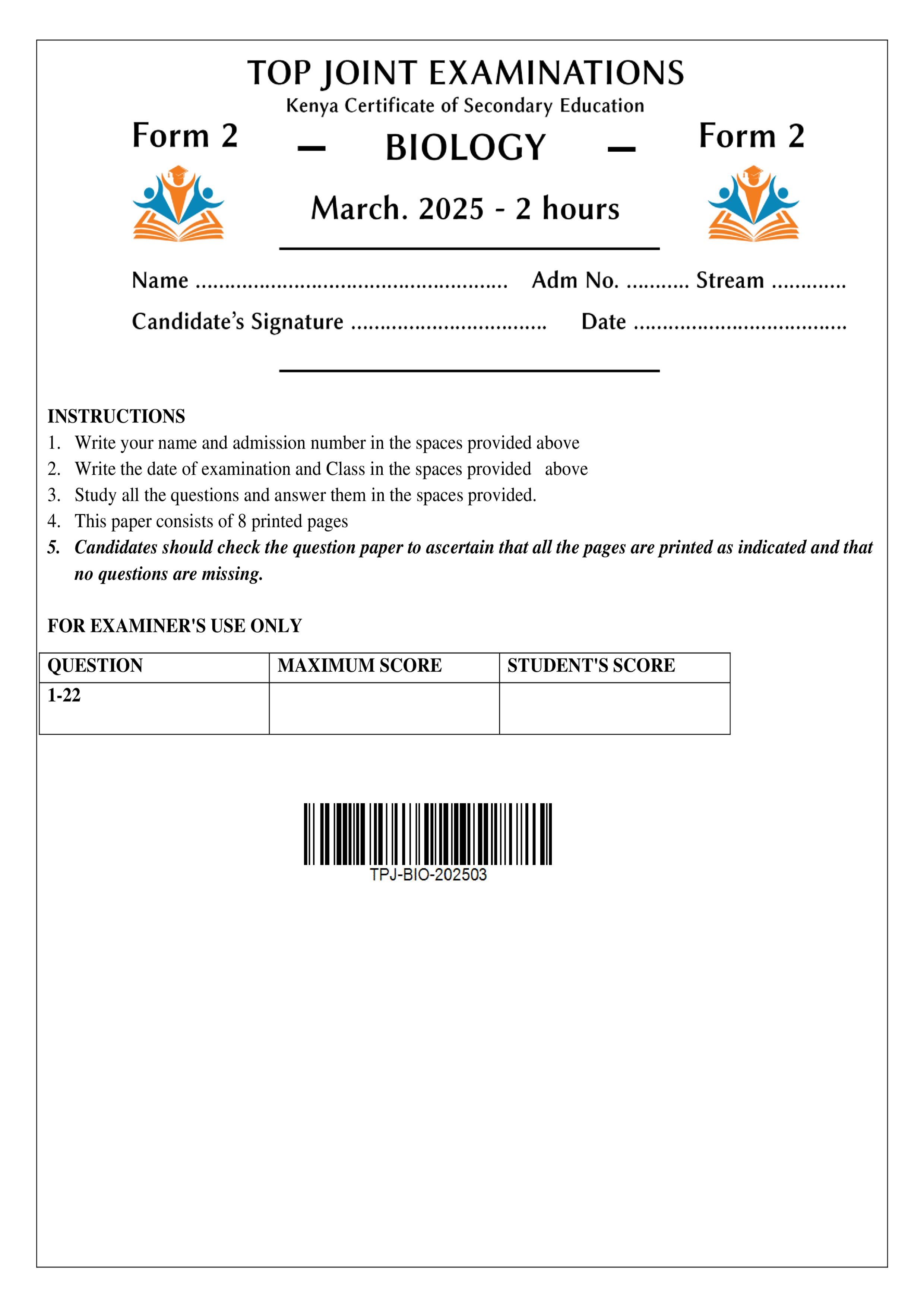BIOLOGY FORM 2 END TERM 1 2025