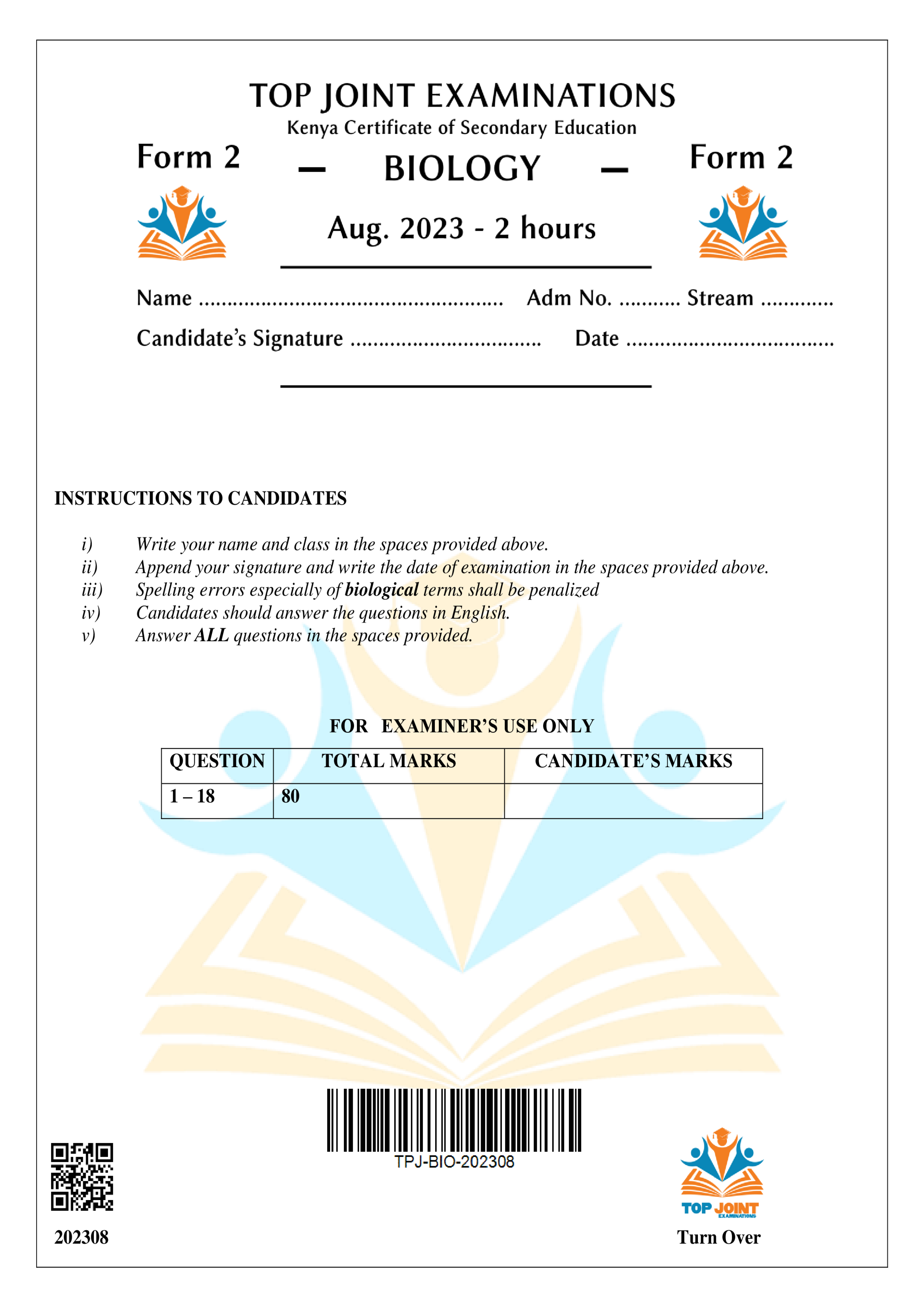 BIOLOGY FORM 2 END TERM 2 2023