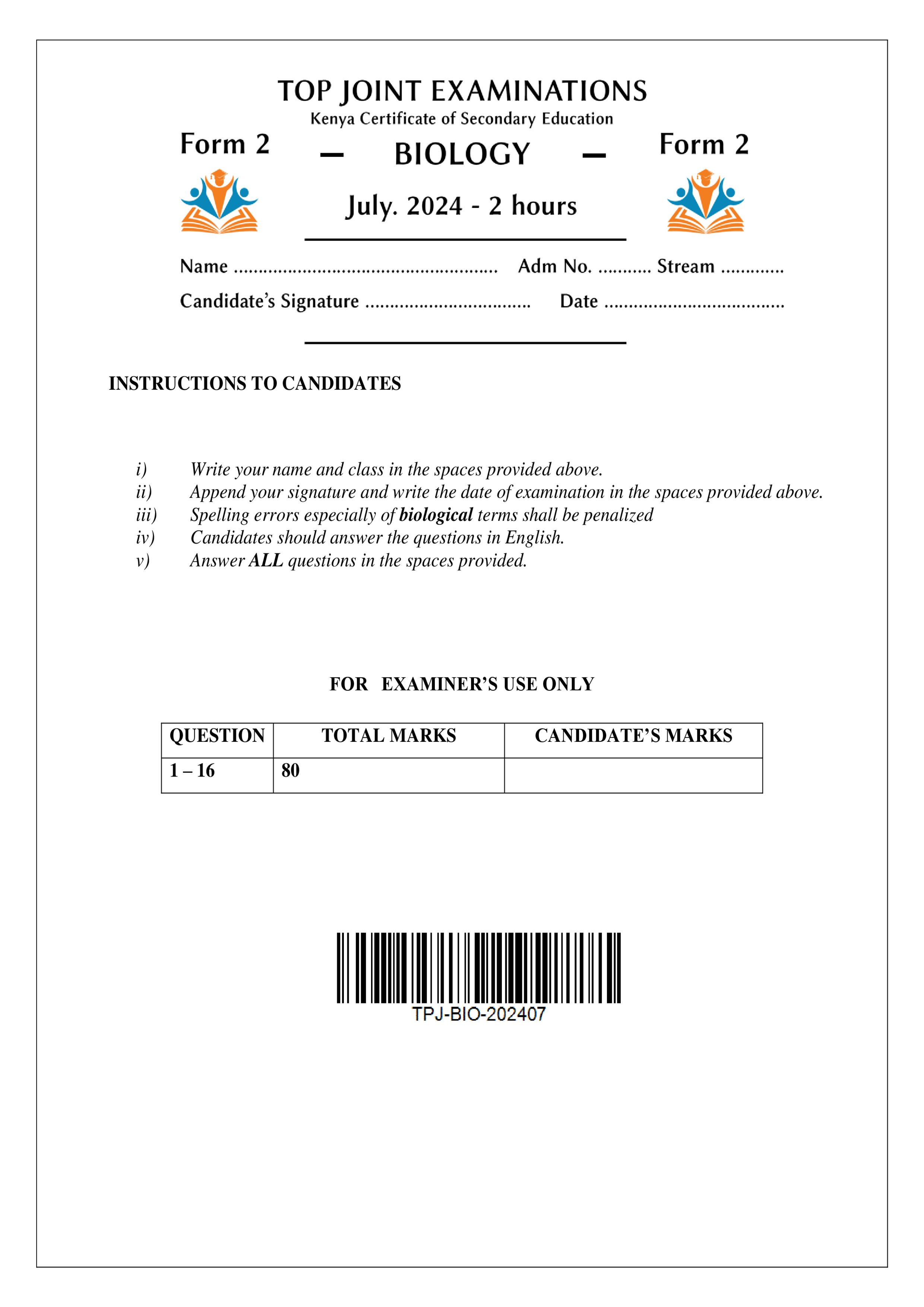 BIOLOGY FORM 2 END TERM 2 2024