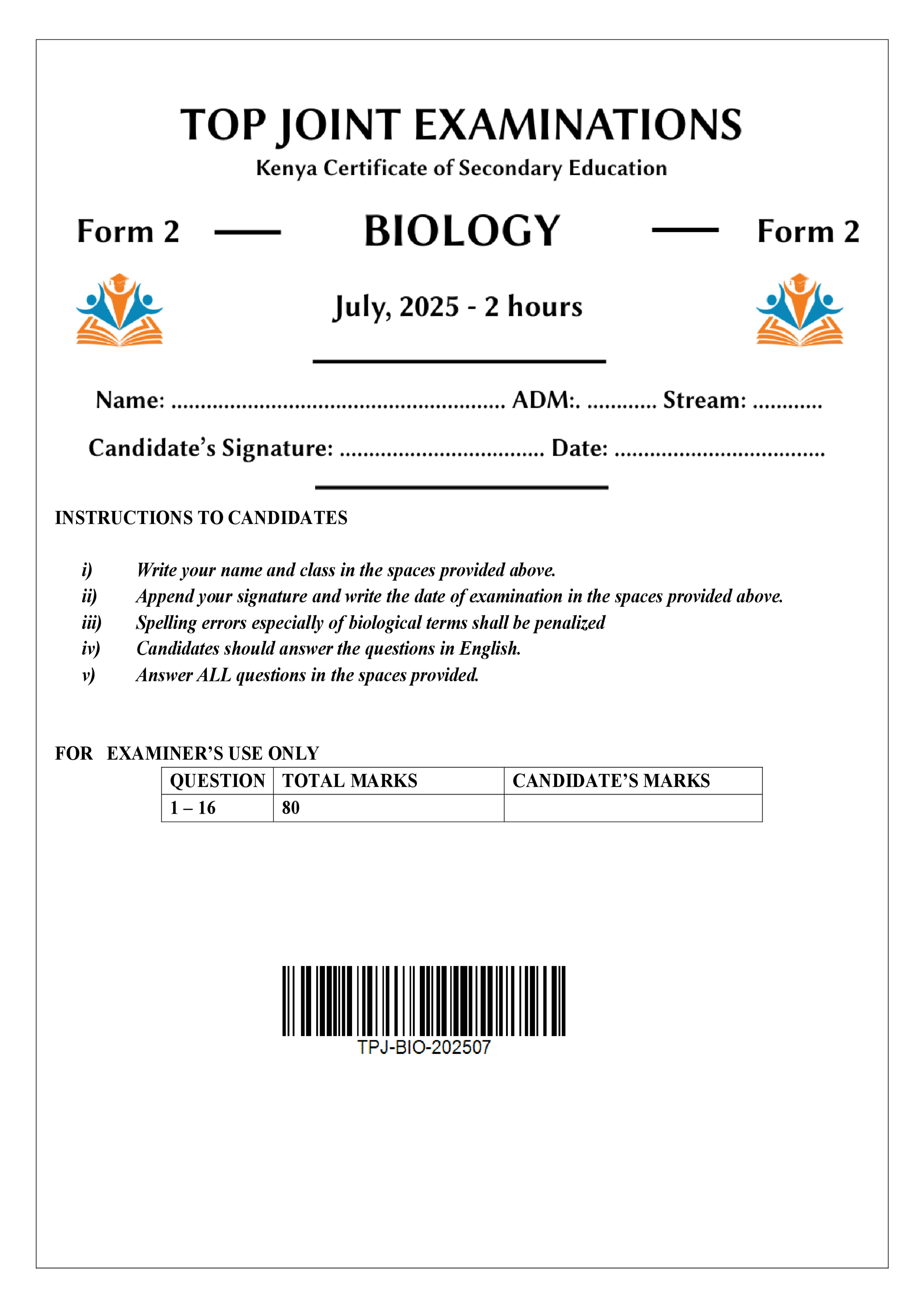 BIOLOGY FORM 2 END TERM 2 2025