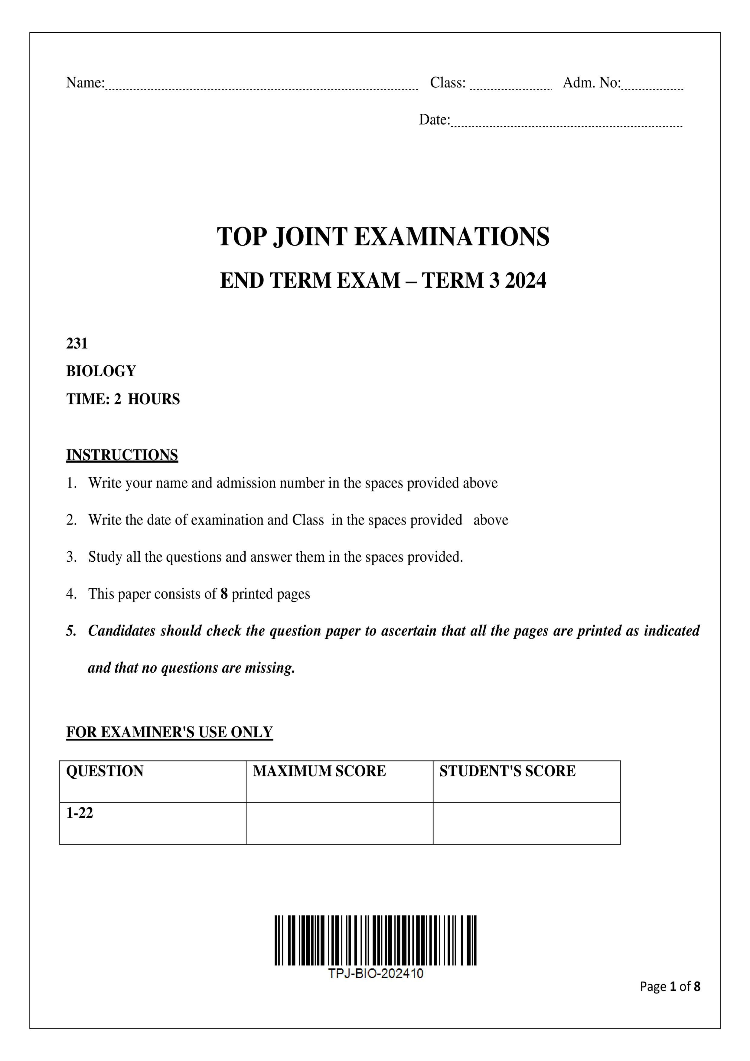BIOLOGY FORM 2 END TERM 3 2024