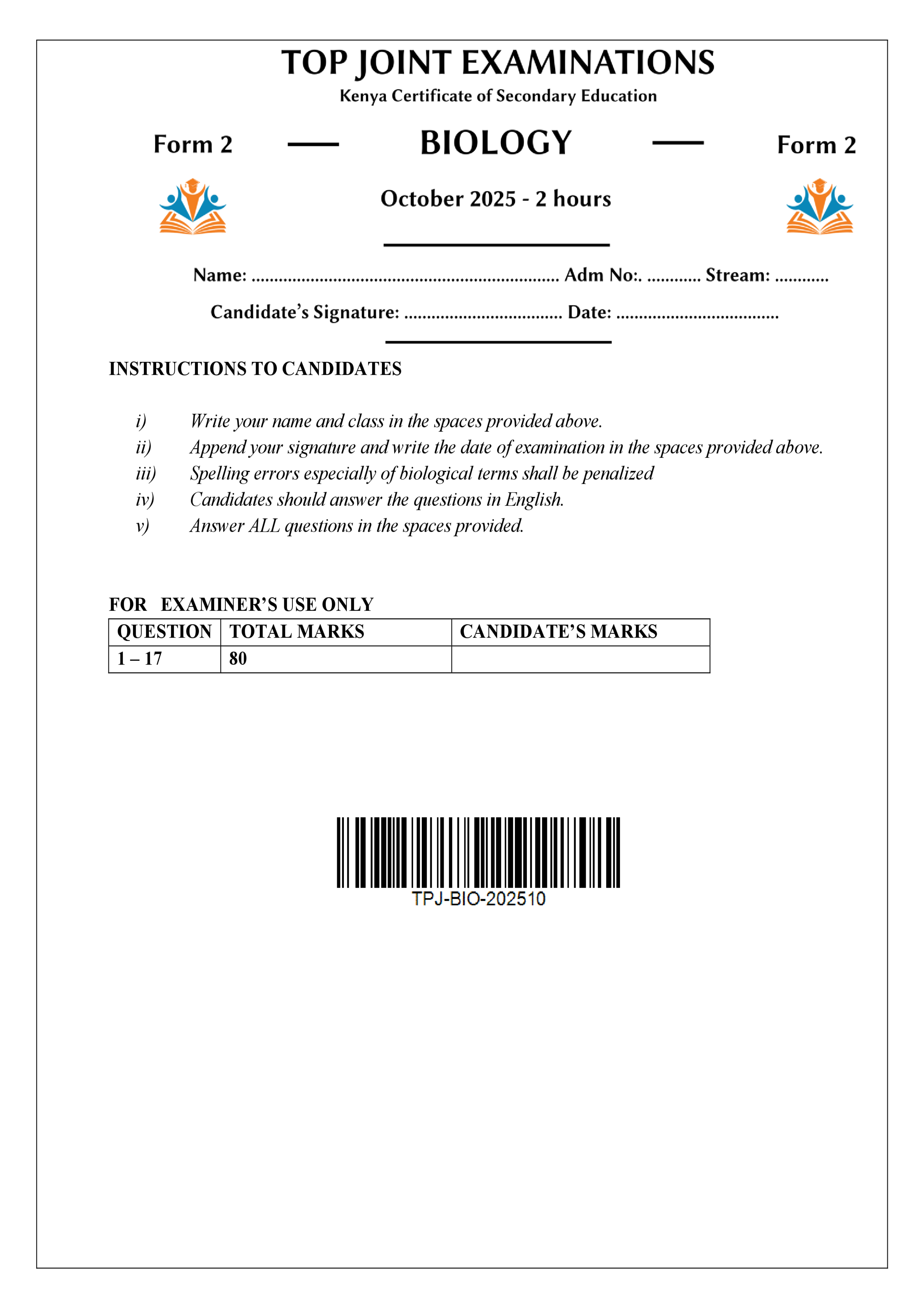 BIOLOGY FORM 2 END TERM 3 2025