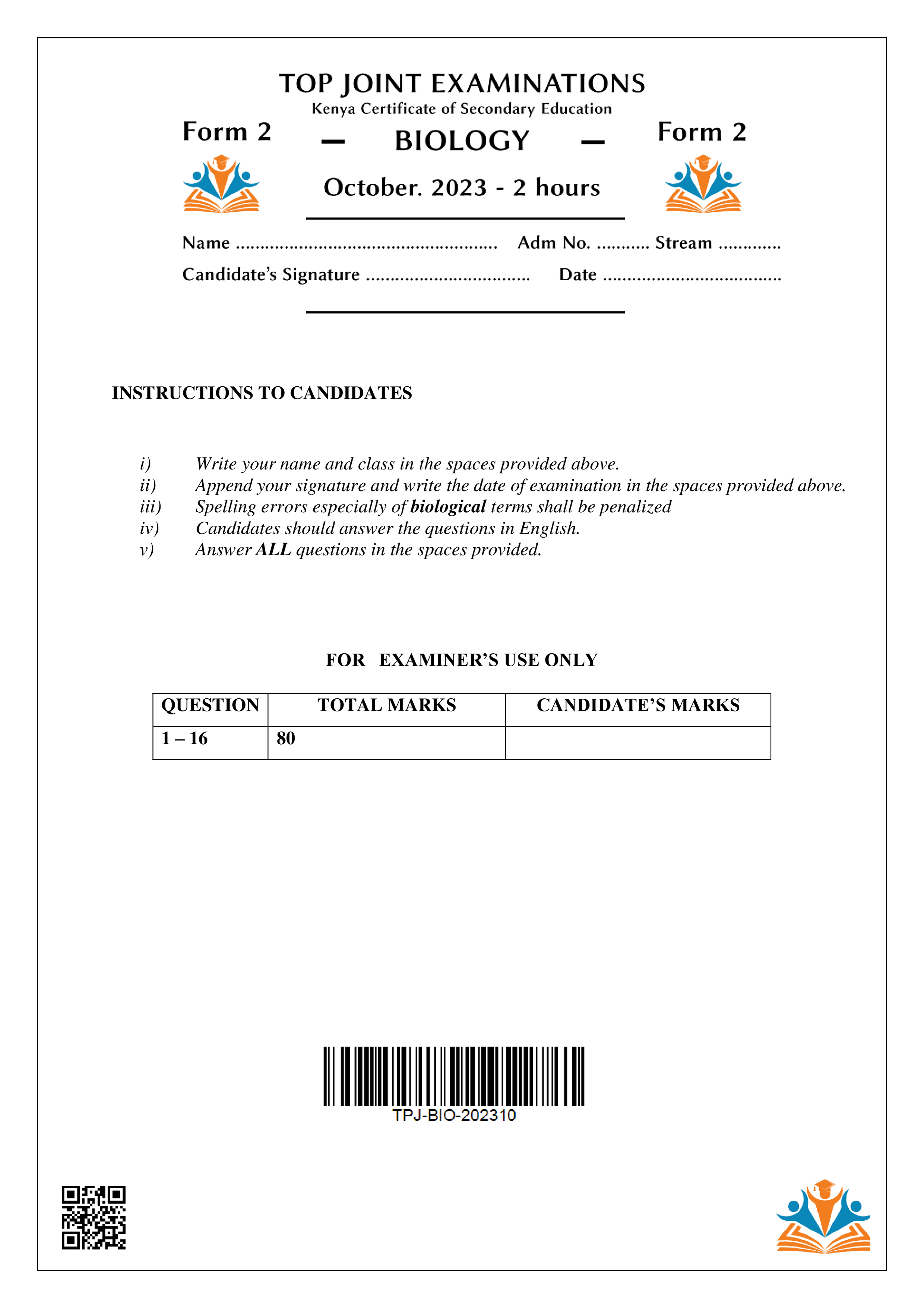 BIOLOGY FORM 2 END TERM 3 2023