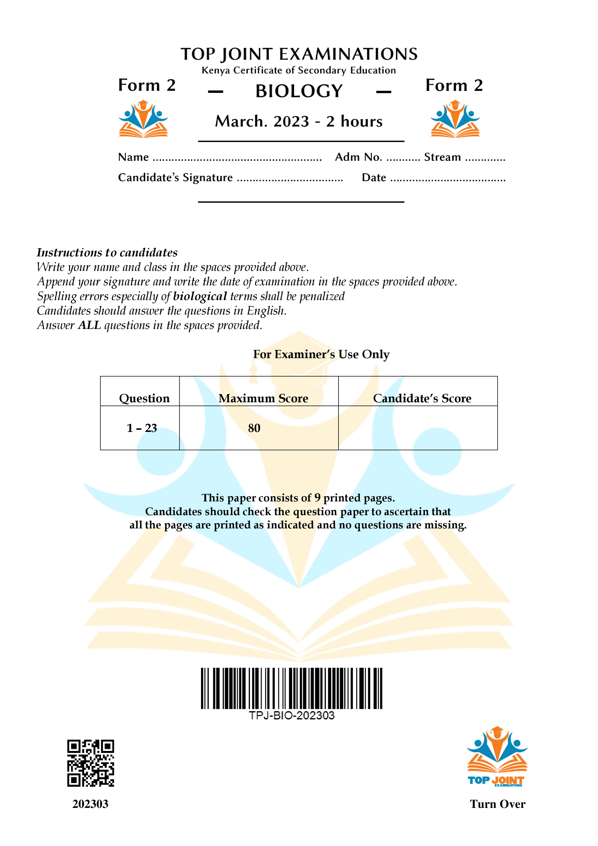 BIOLOGY FORM 2 MID TERM 1 2023