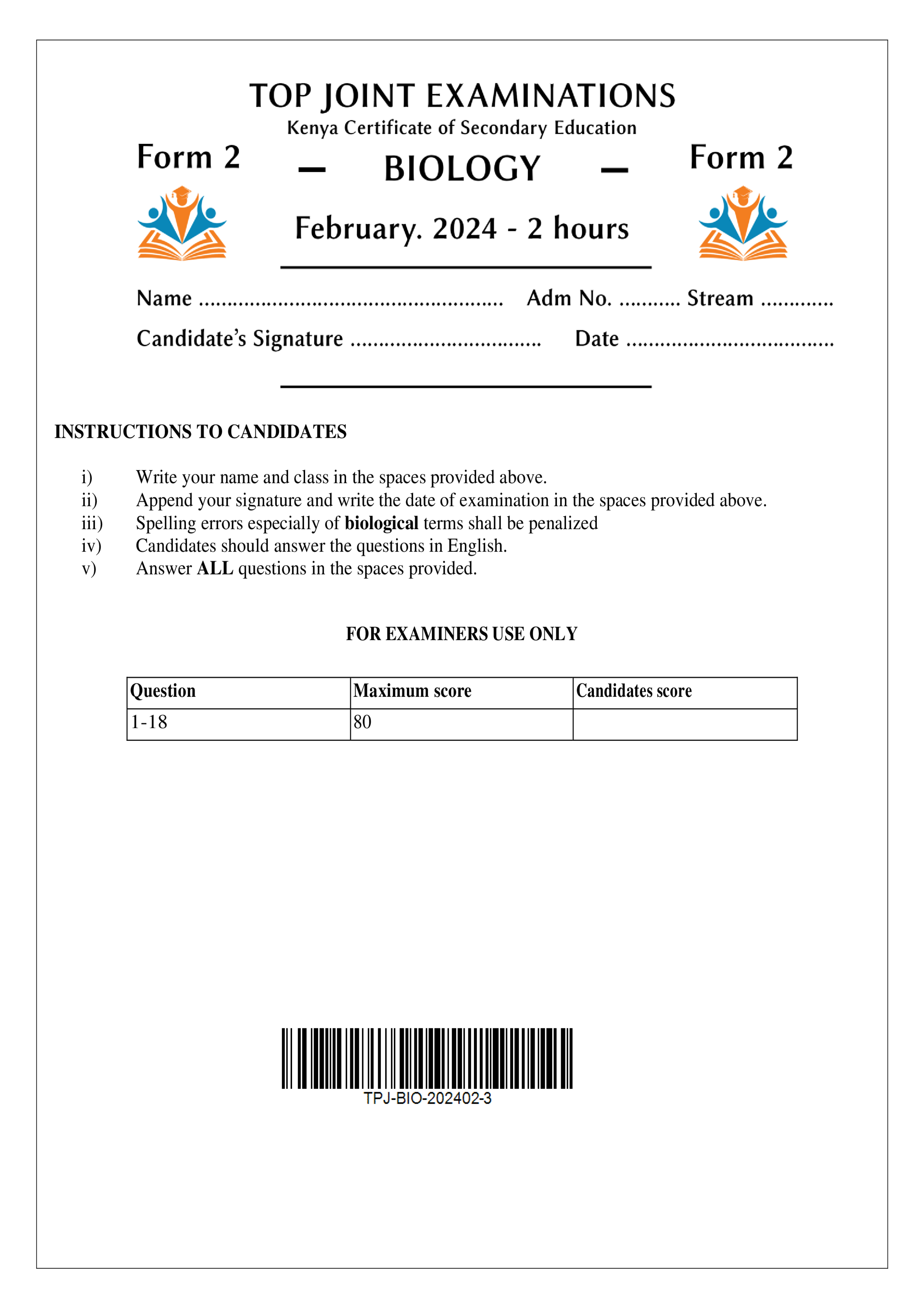 BIOLOGY FORM 2 MID TERM 1 2024