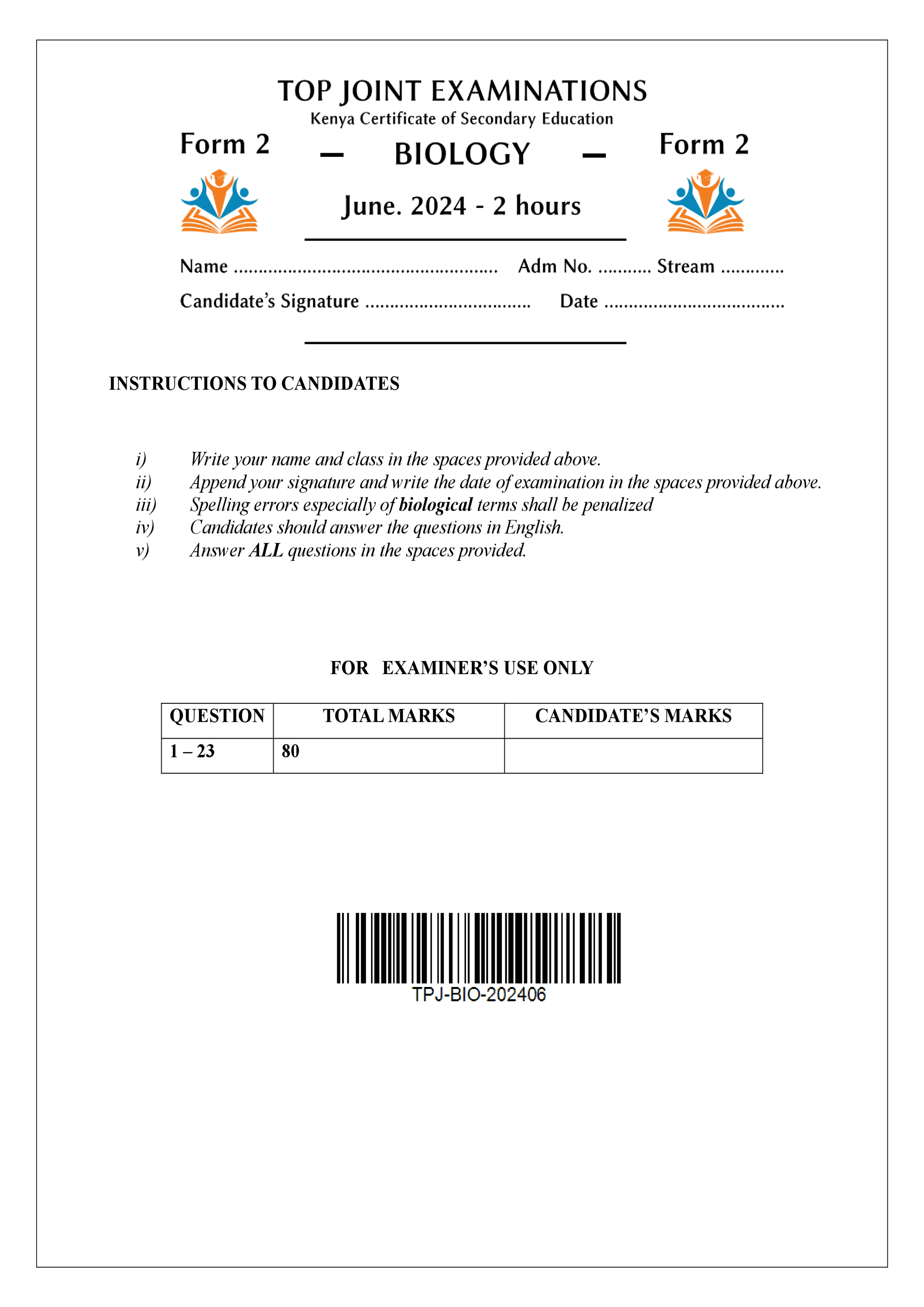BIOLOGY FORM 2 MID TERM 2 2024