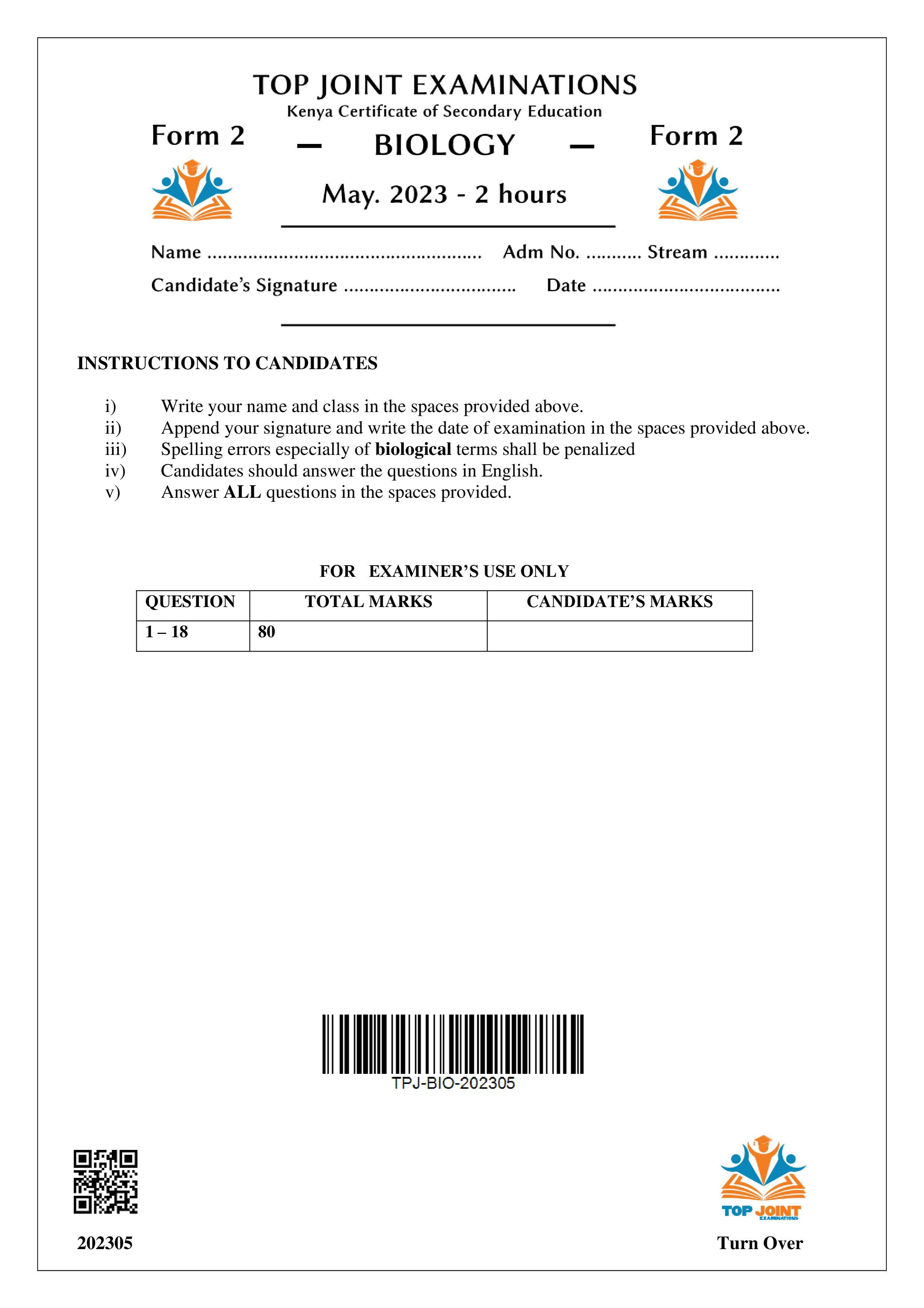 BIOLOGY FORM 2 OPENER TERM 1 2023