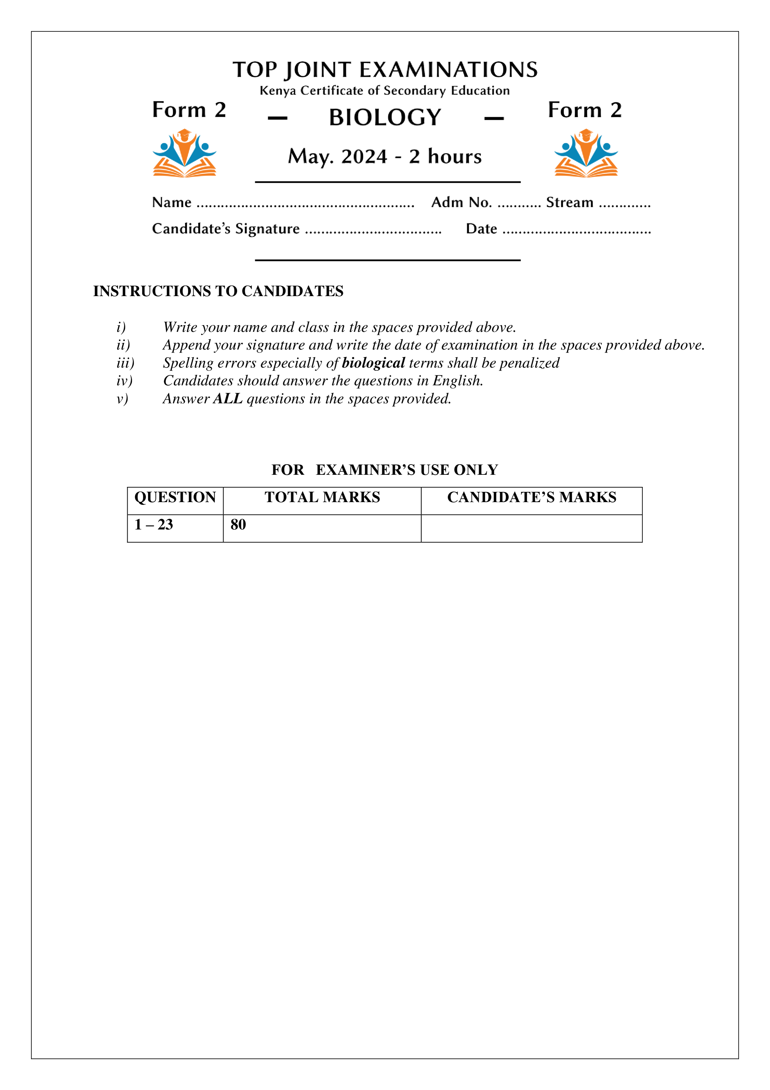 BIOLOGY FORM 2 OPENER TERM 2 2024