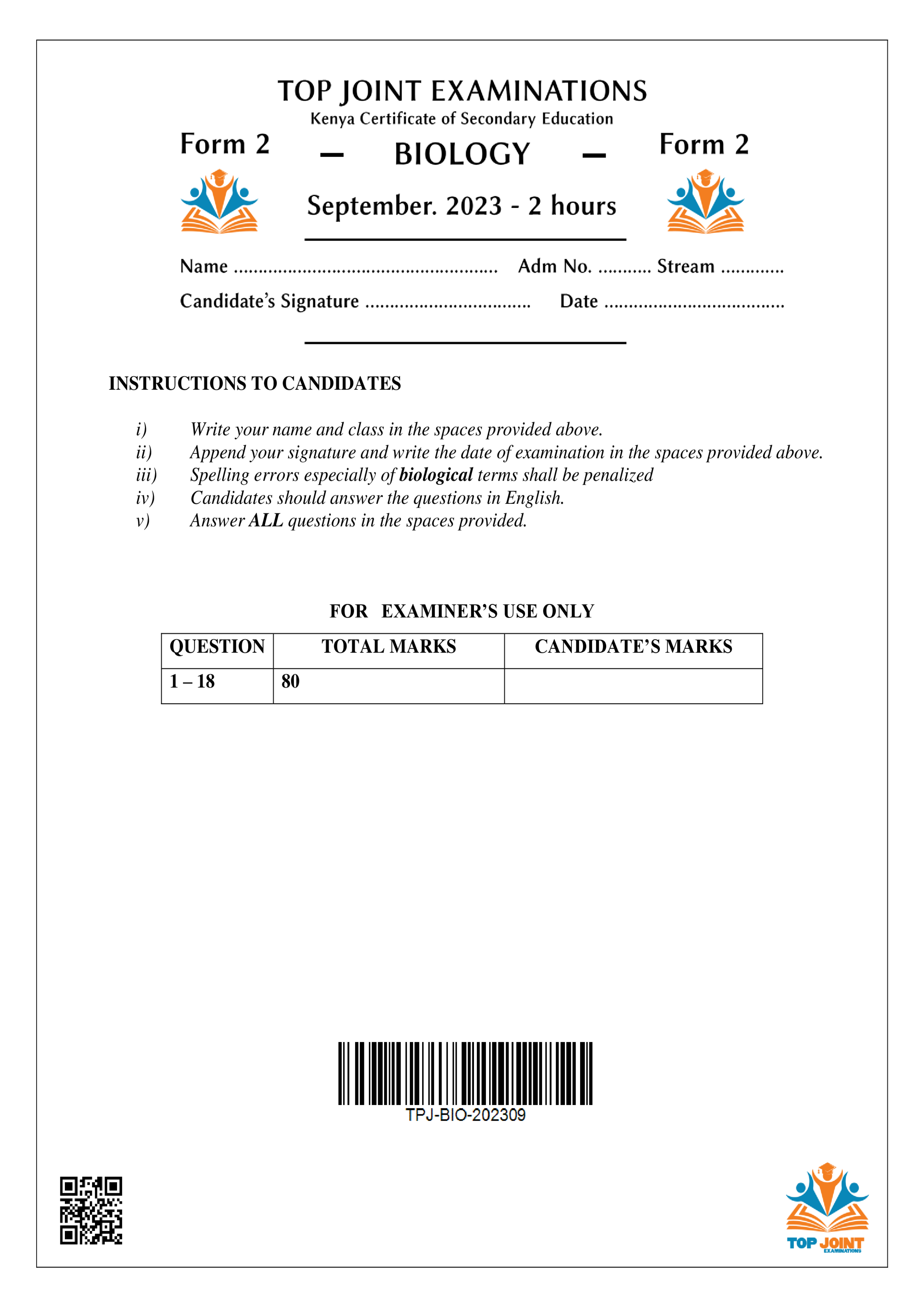 BIOLOGY FORM 2 OPENER TERM 3 2023