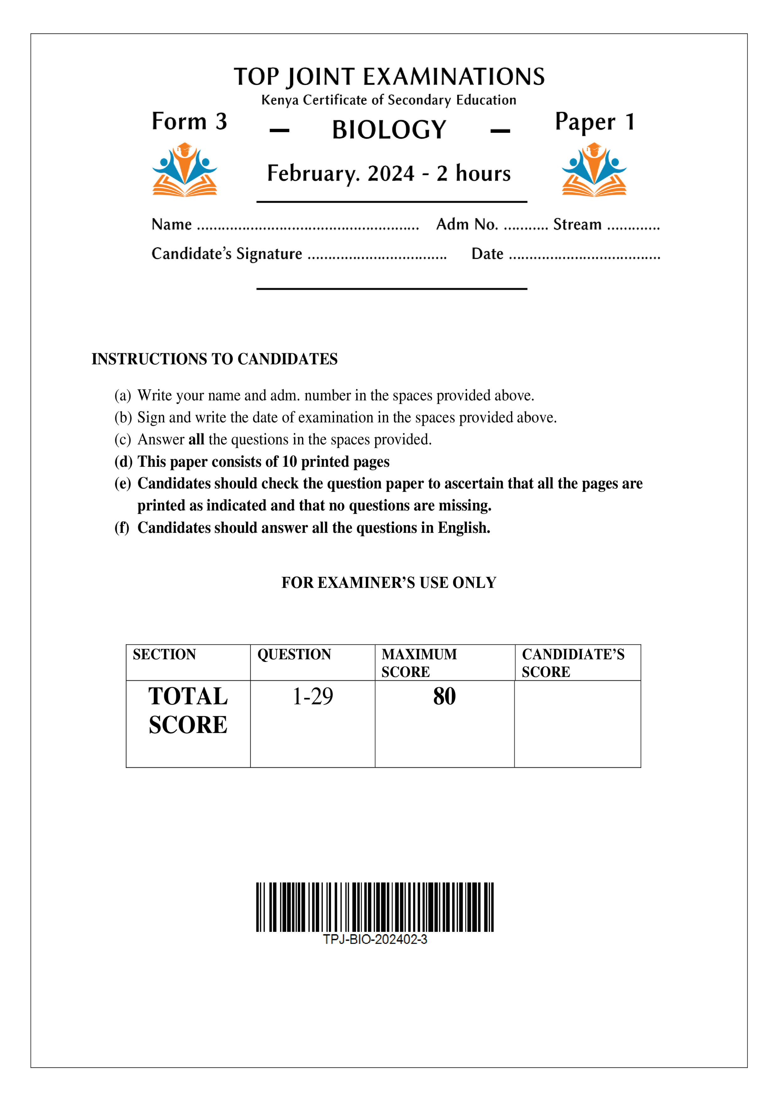 BIOLOGY FORM 3 PAPER 1 MID TERM 1 2024