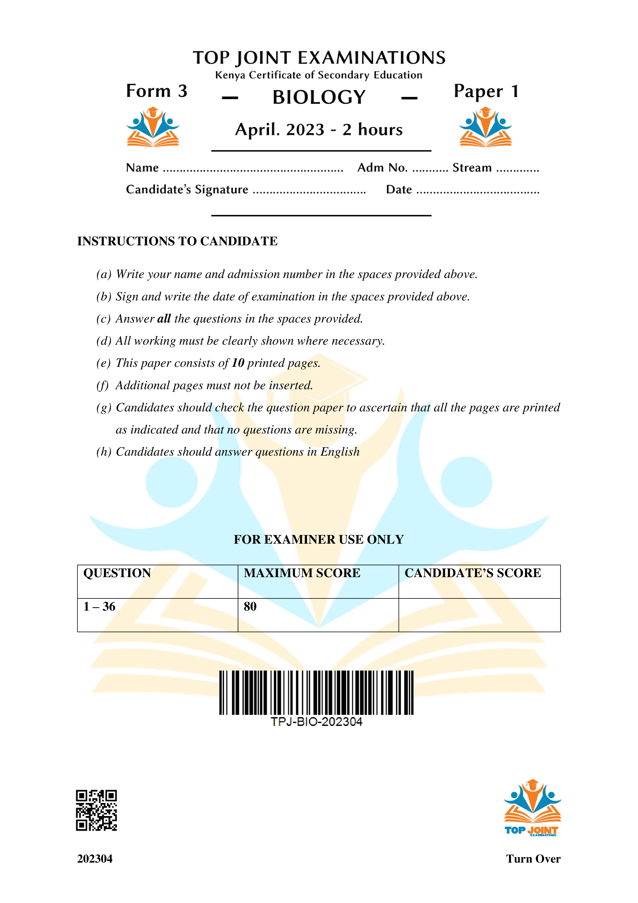 BIOLOGY FORM 3 PAPER 1 END TERM 1 2023