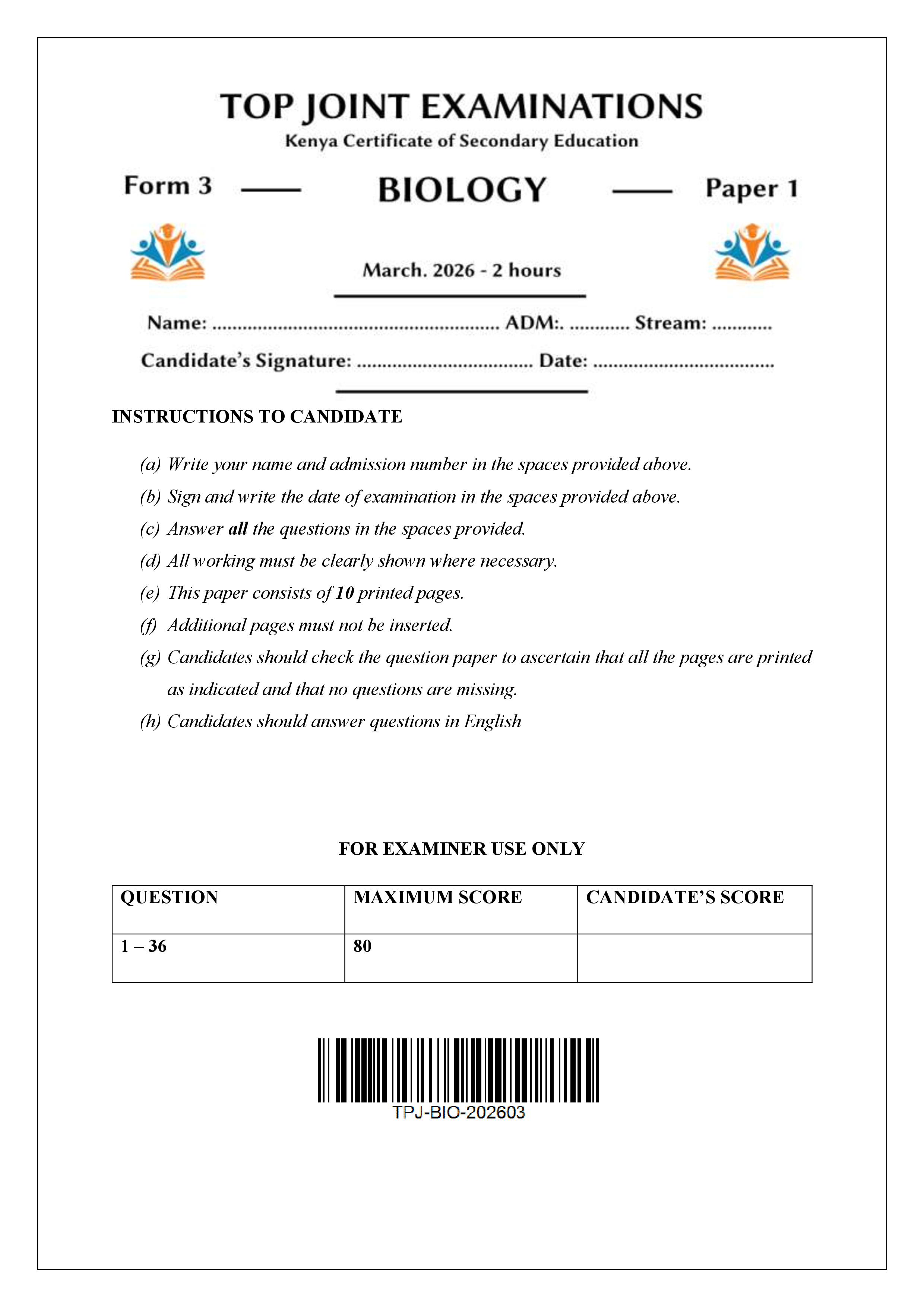 BIOLOGY FORM 3 PAPER 1 END TERM 1 2026