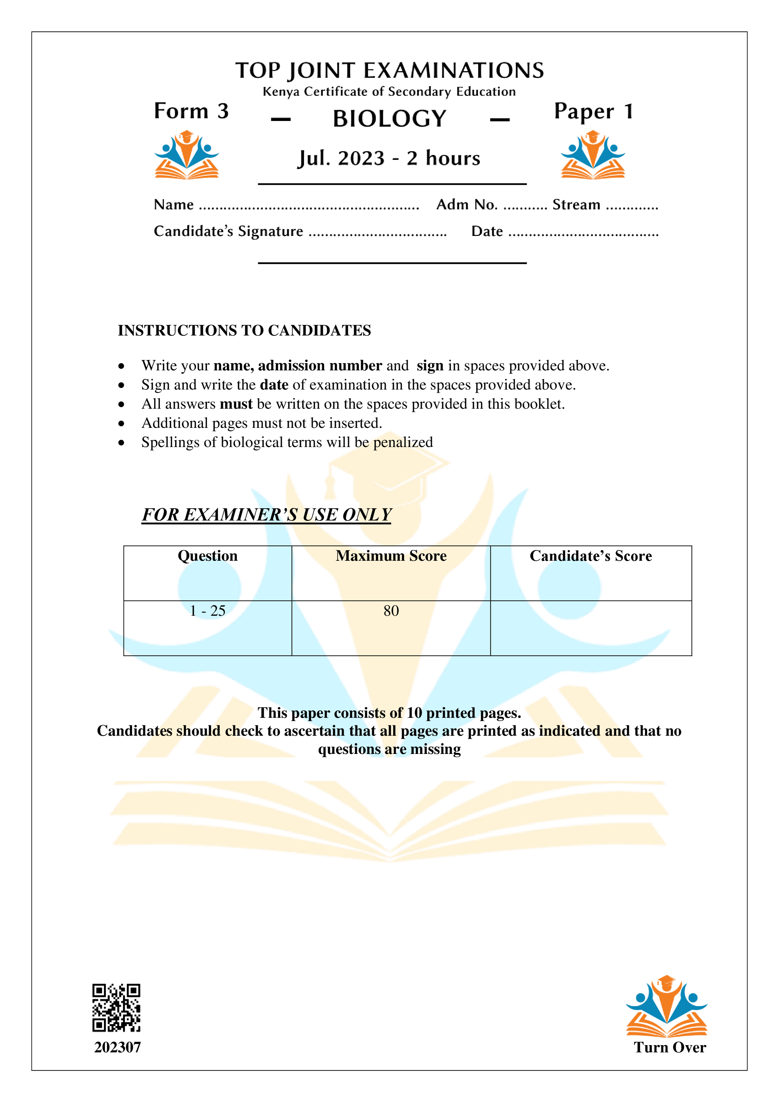 BIOLOGY FORM 3 PAPER 1 END TERM 2 2023