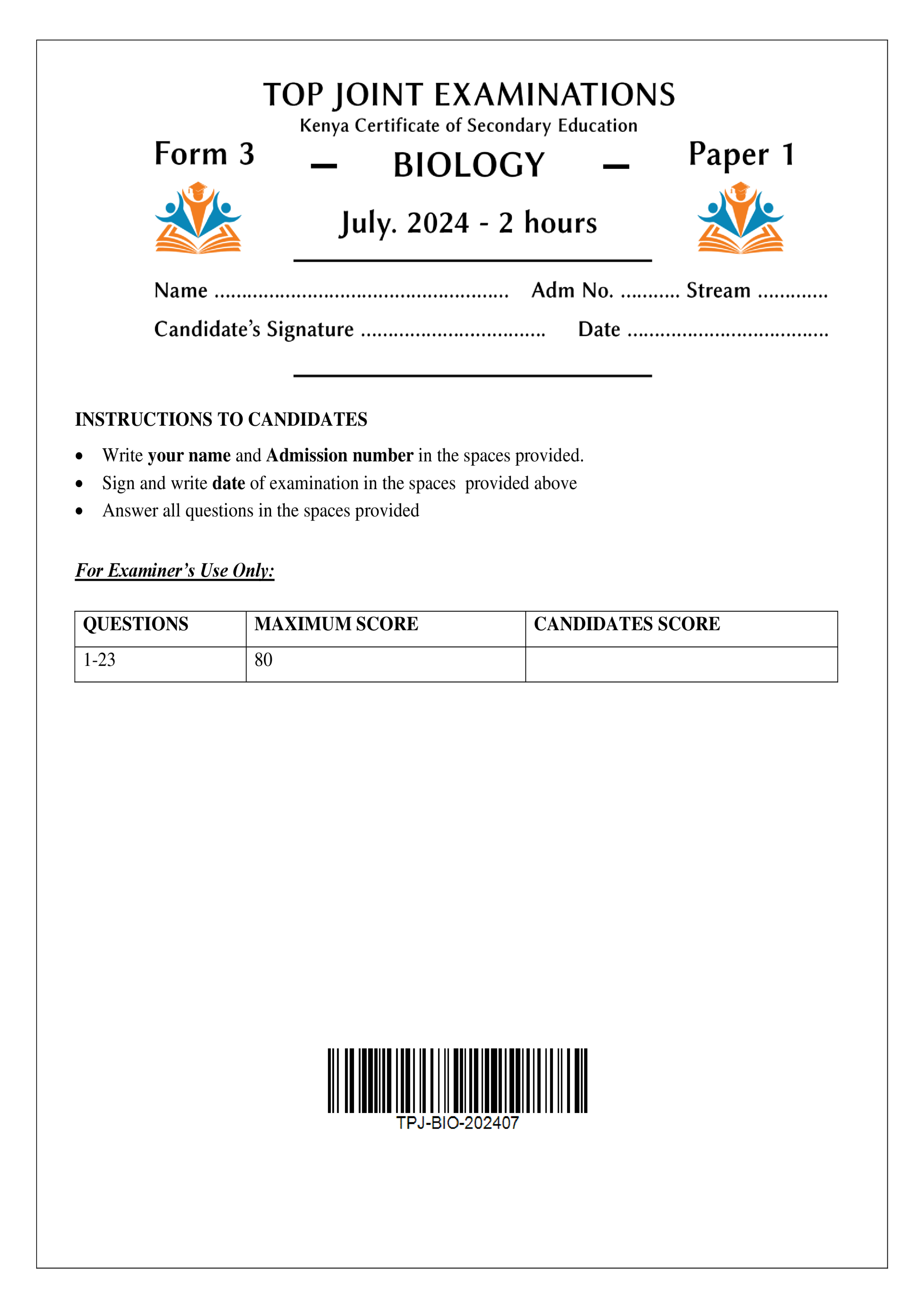 BIOLOGY FORM 3 PAPER 1 END TERM 2 2024