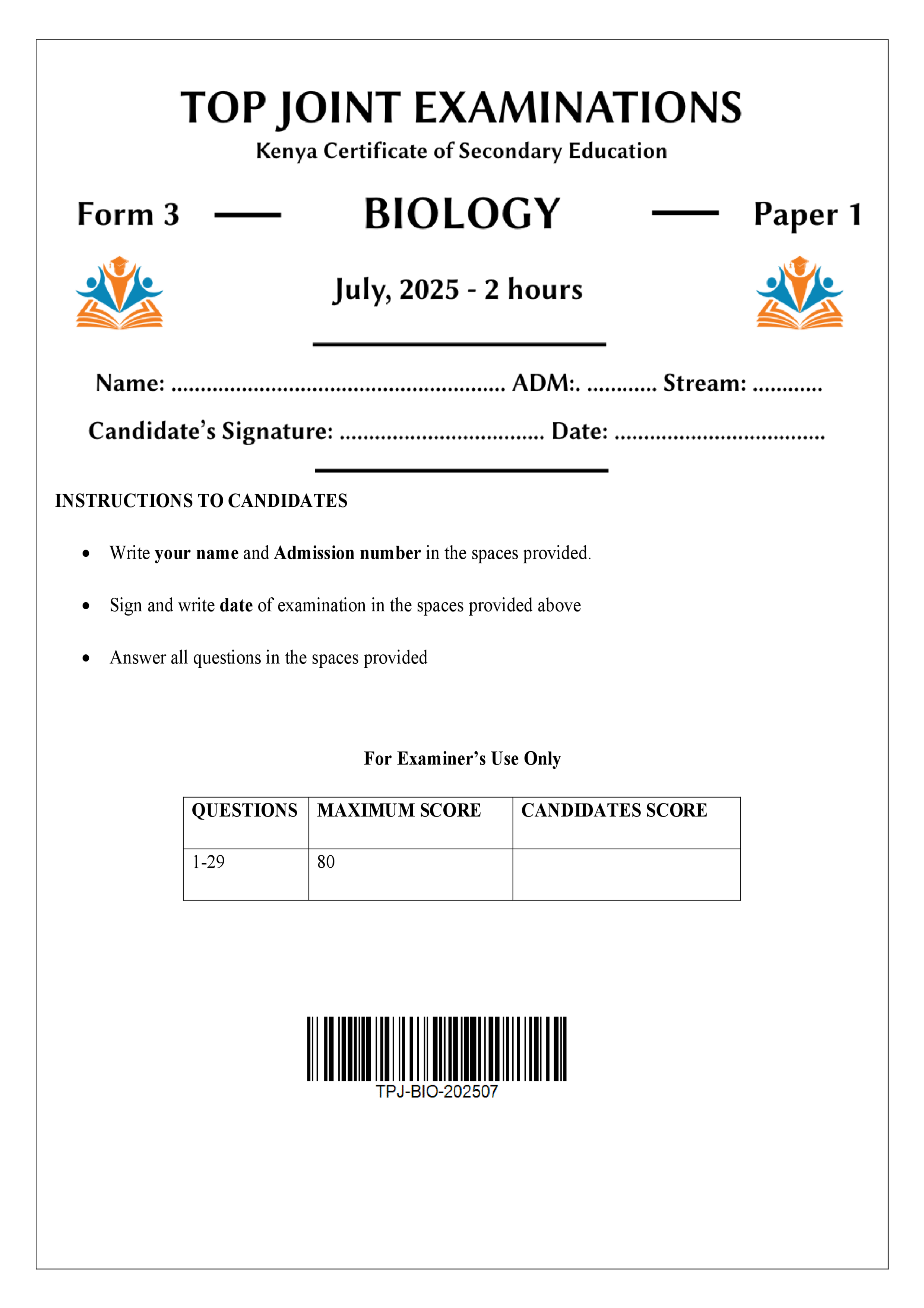 BIOLOGY FORM 3 PAPER 1 END TERM 2 2025