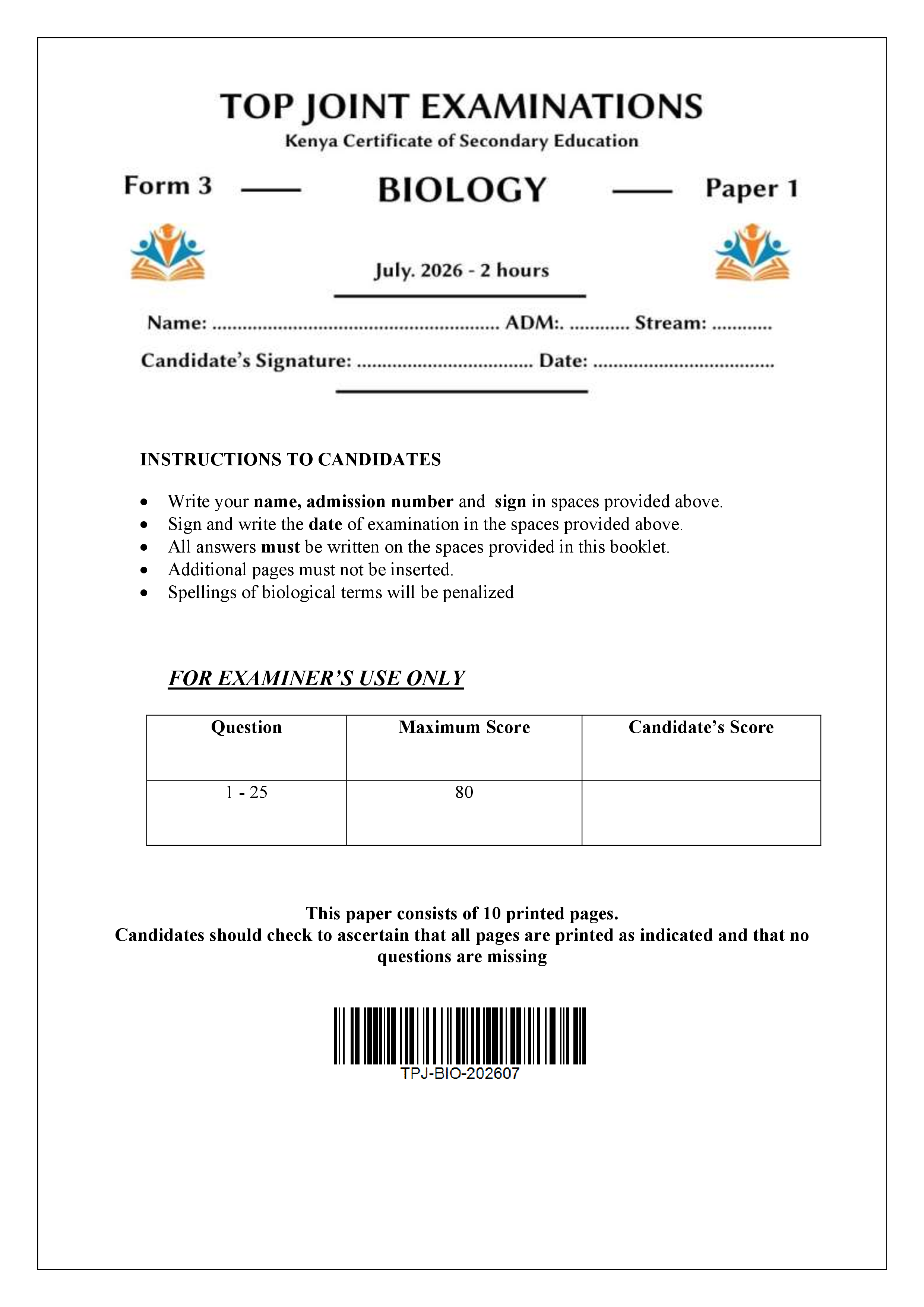 BIOLOGY FORM 3 PAPER 1 END TERM 2 2026