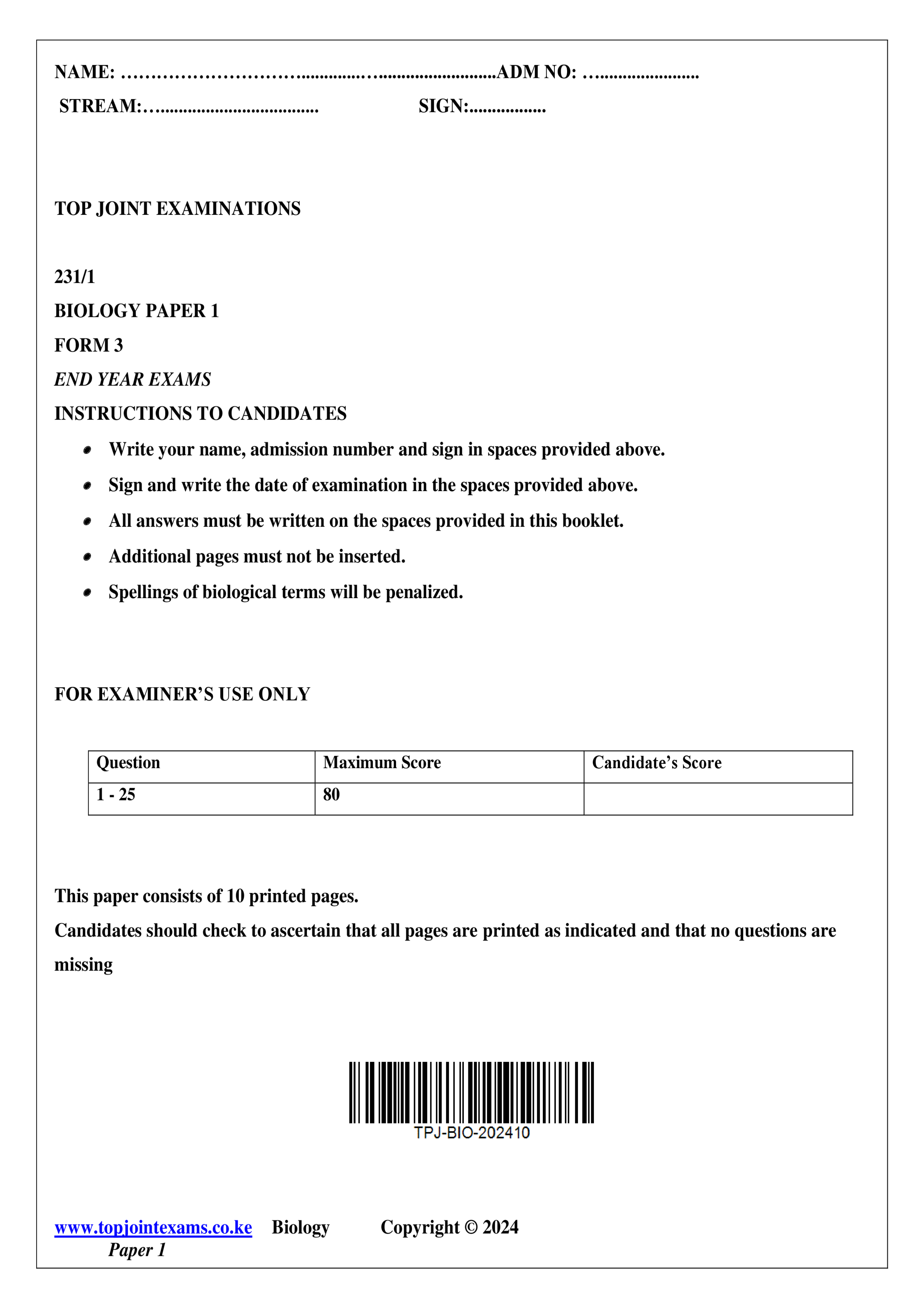 BIOLOGY FORM 3 PAPER 1 END TERM 3 2024