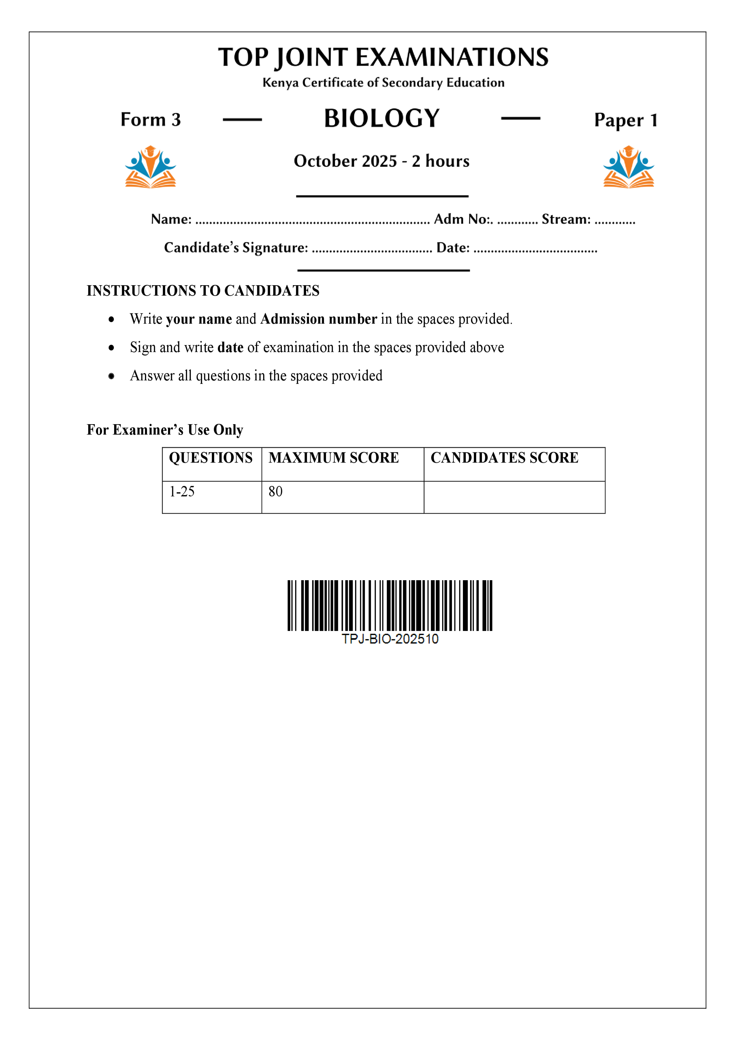 BIOLOGY FORM 3 PAPER 1 END TERM 3 2025