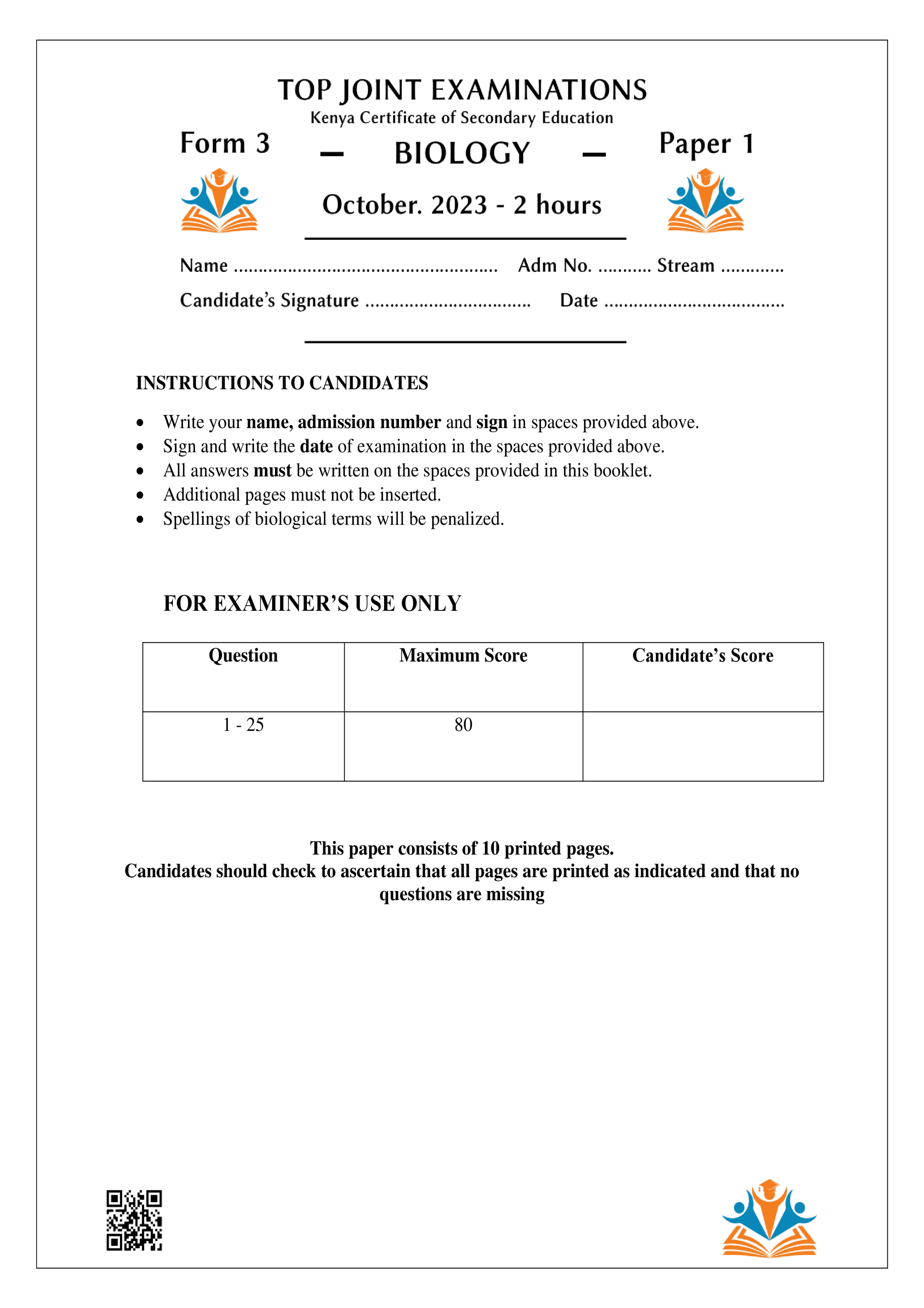 BIOLOGY FORM 3 PAPER 1END TERM 3 2023