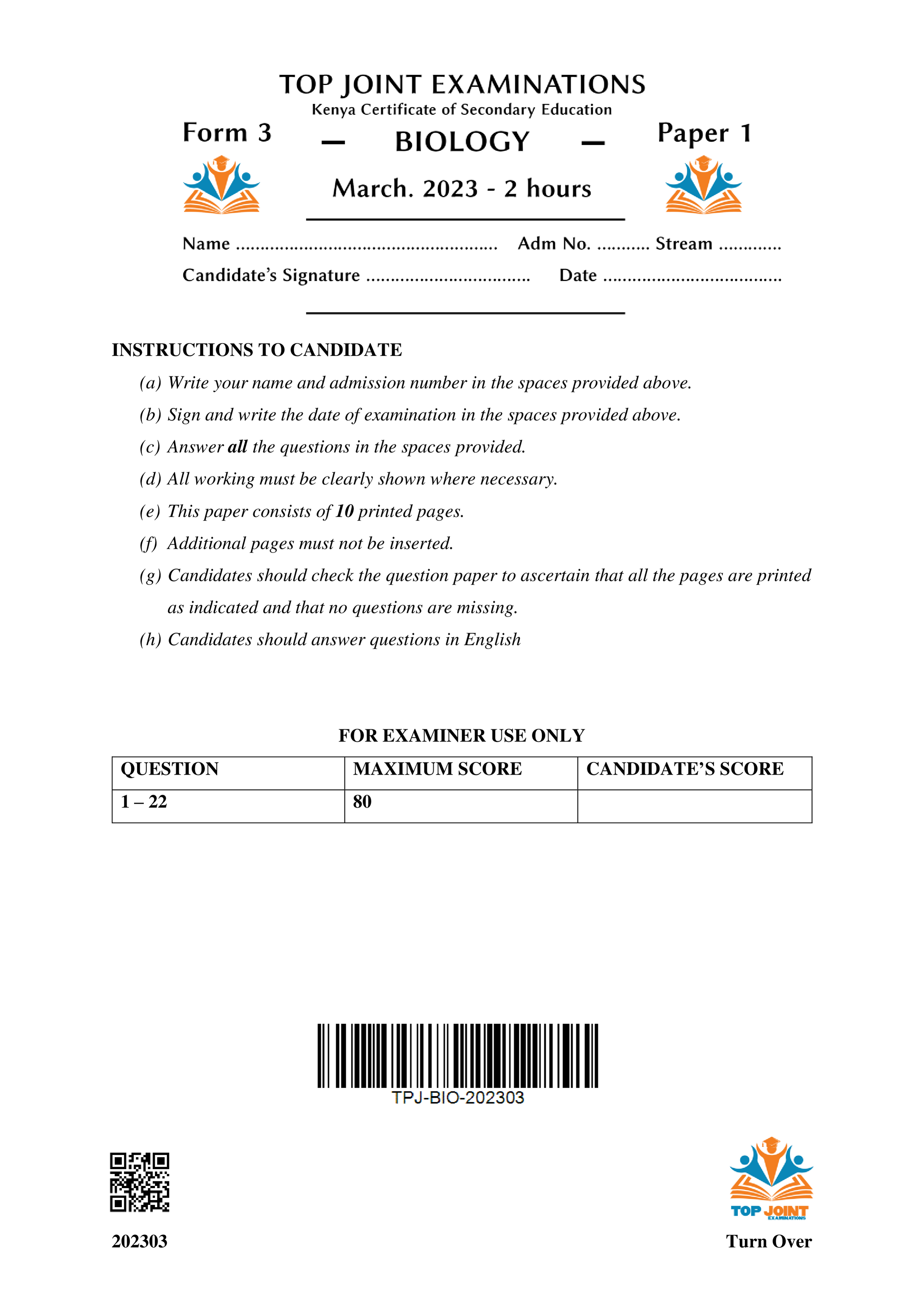 BIOLOGY FORM 3 PAPER 1  MID TERM 1 2023
