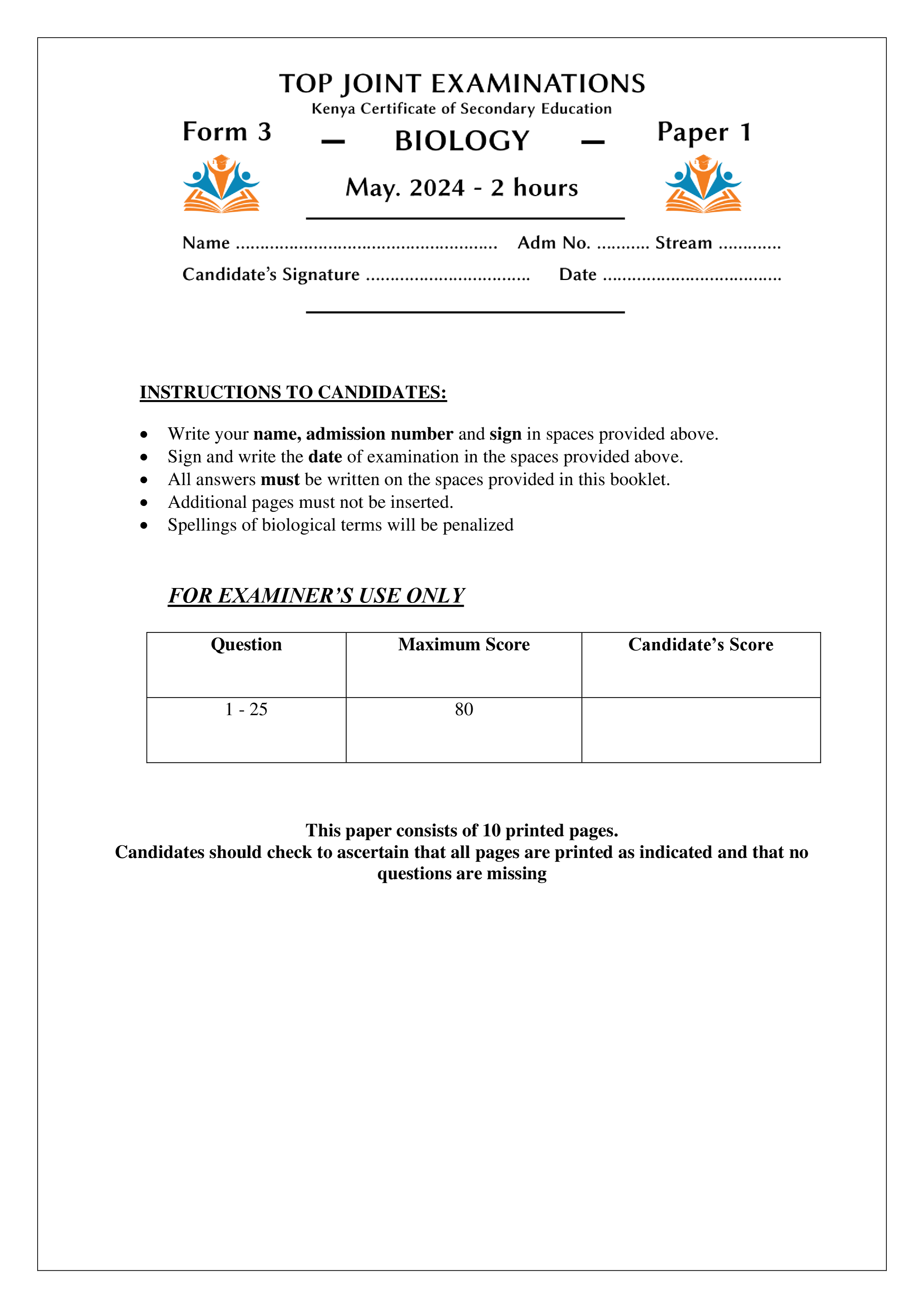 BIOLOGY FORM 3 PAPER 1 OPENER TERM 2 2024