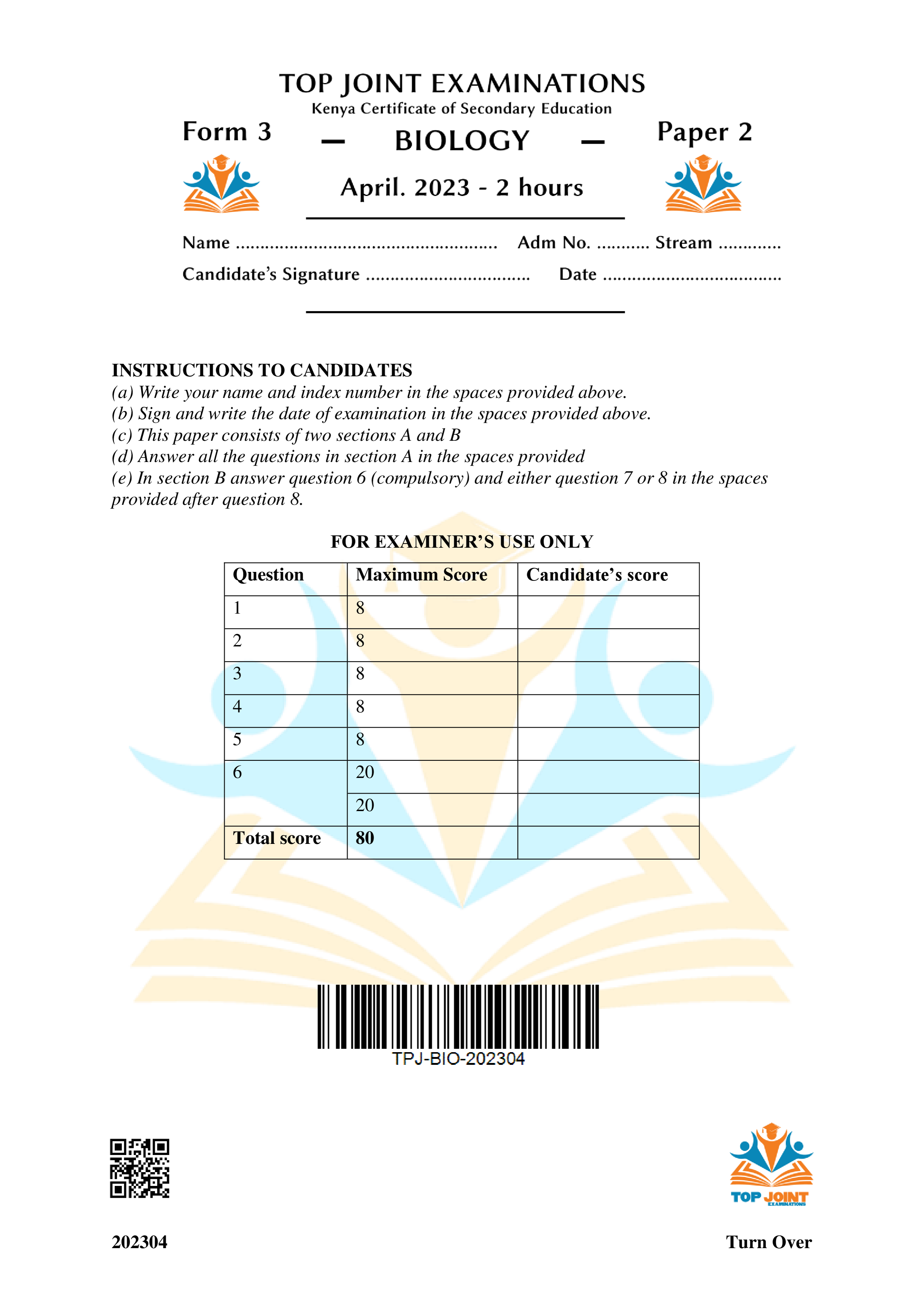 BIOLOGY FORM 3 PAPER 2 END TERM 1 2023