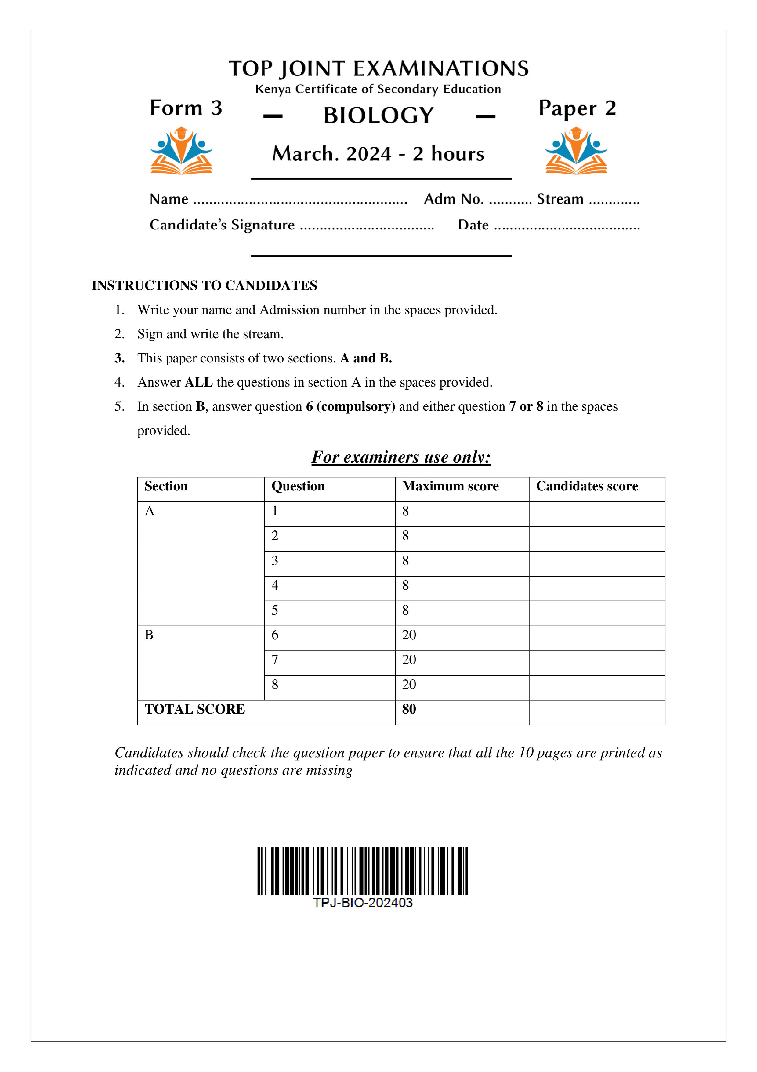 BIOLOGY FORM 3 PAPER 2 END TERM 1 2024