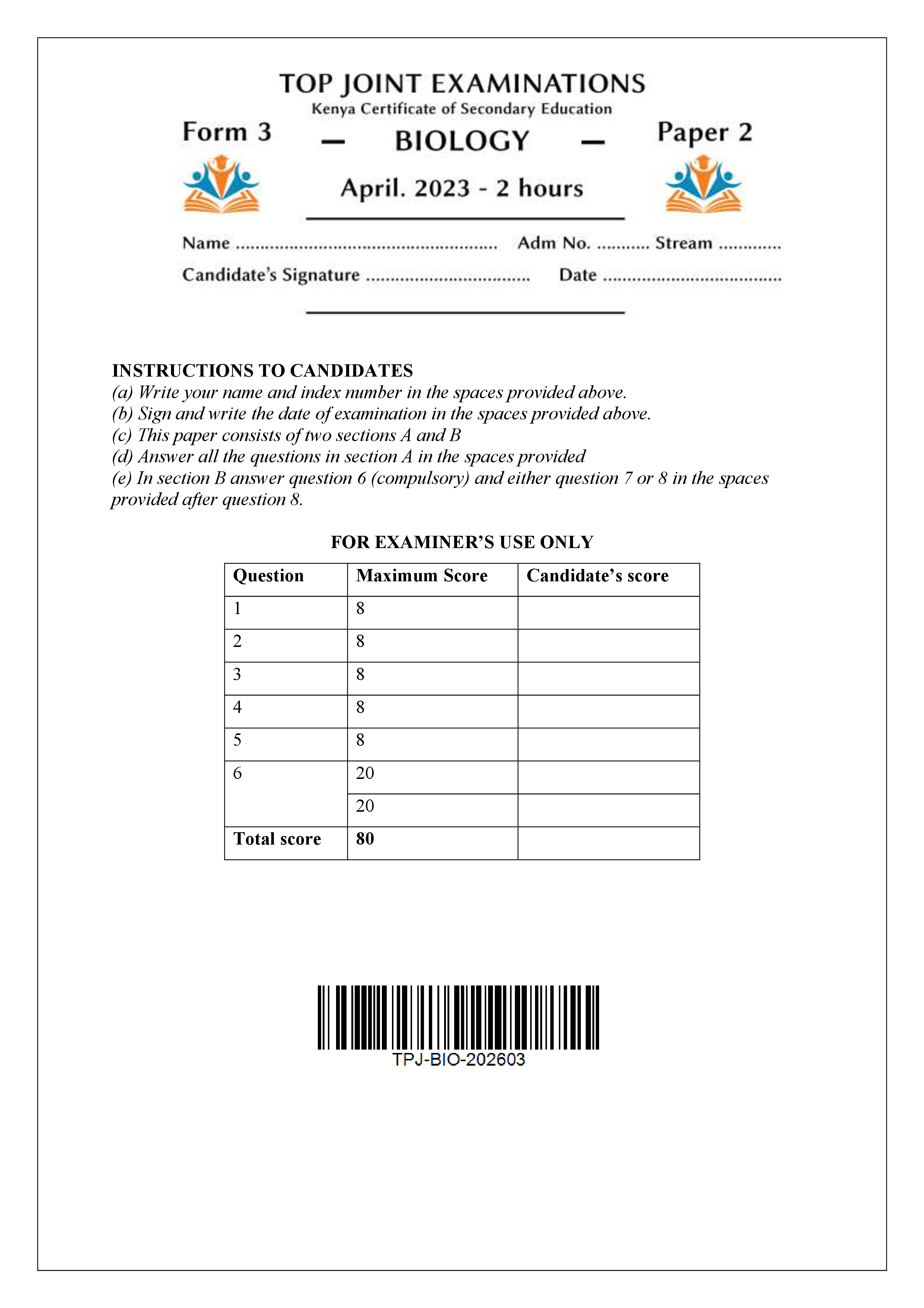 BIOLOGY FORM 3 PAPER 2 END TERM 1 2026